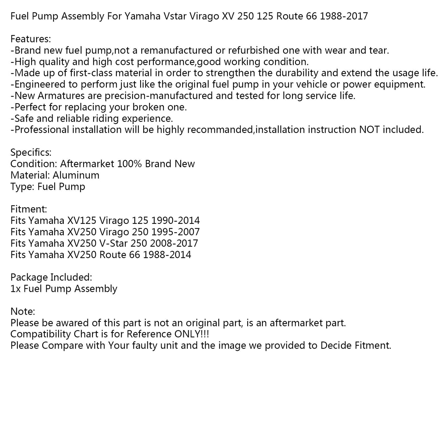 Fuel Pump Fit for For Yamaha Virgo XV 125 S 240 250 V Star / Route 66 XV250 97-18 Assosary