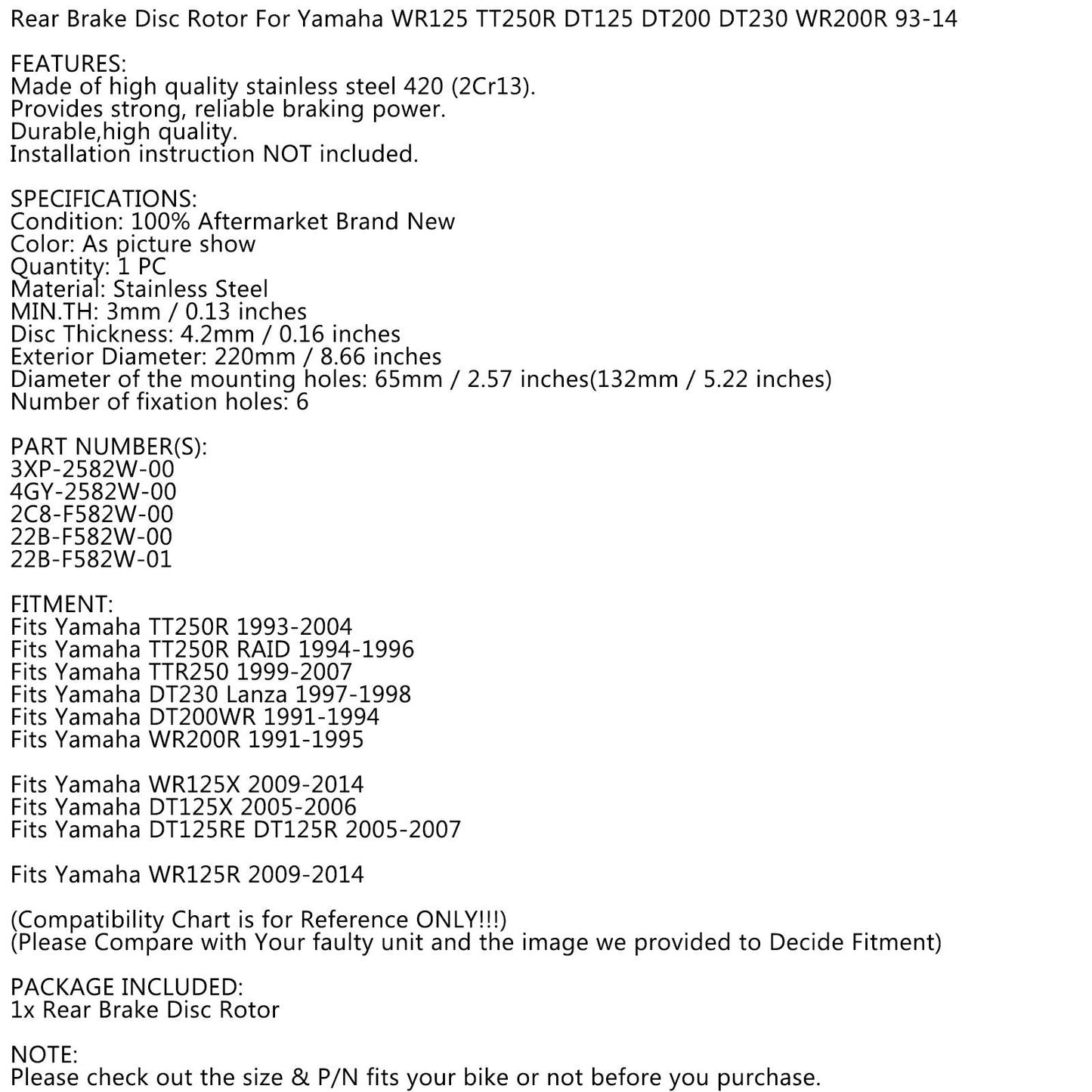 93-14 Yamaha DT 125 R RE RH WR TDR 125 TT250R TTR250 Rotor de disco de freno trasero