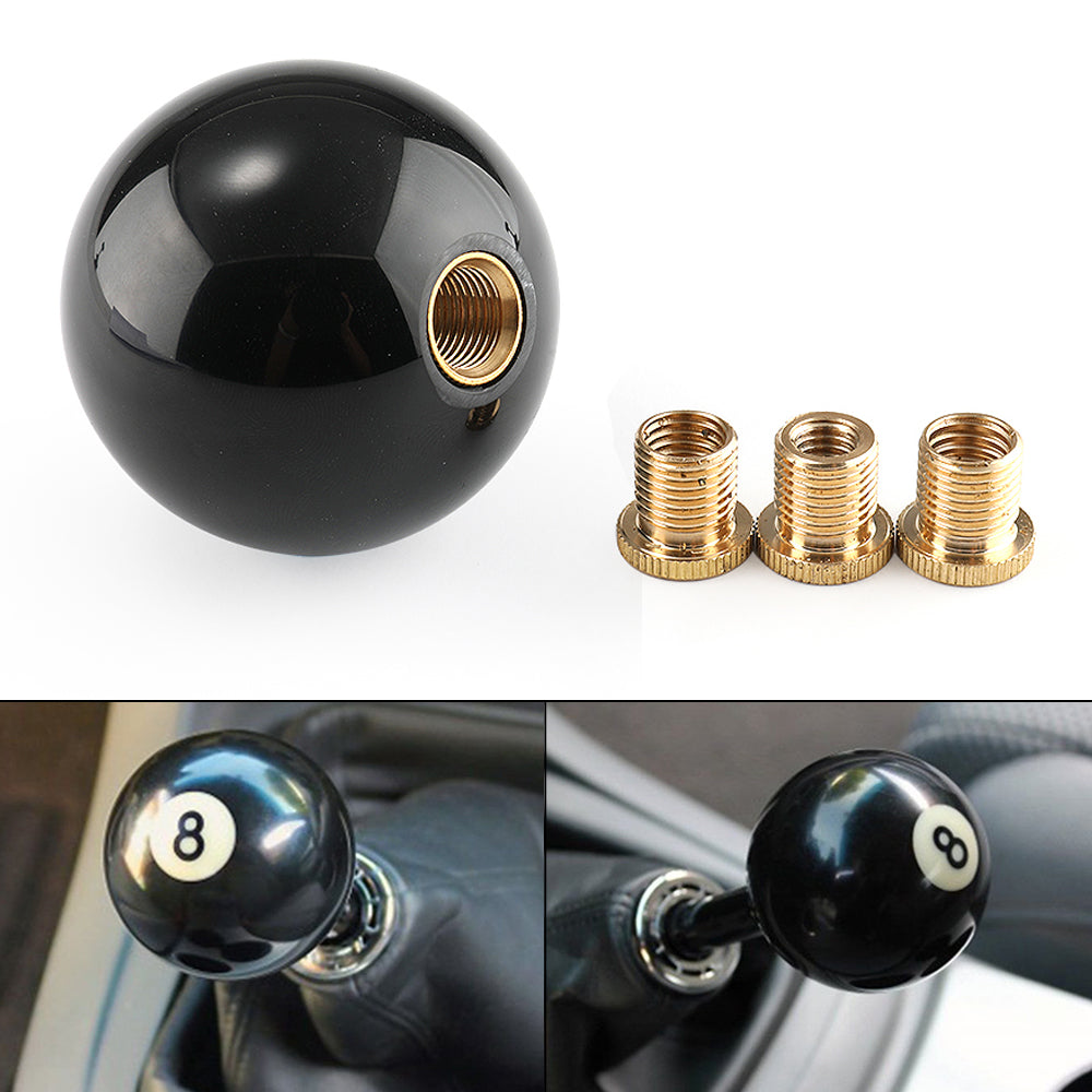 Pommeau de levier de vitesse universel rond noir en forme de boule de billard n° 8 avec 3 adaptateurs