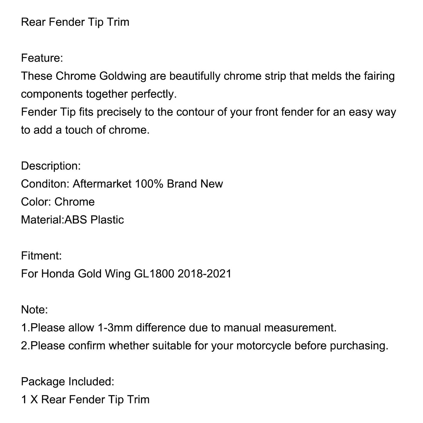 Chrome Rear Fender Tip Trim Accent Case for Honda Goldwing GL1800 1800 2018-2021