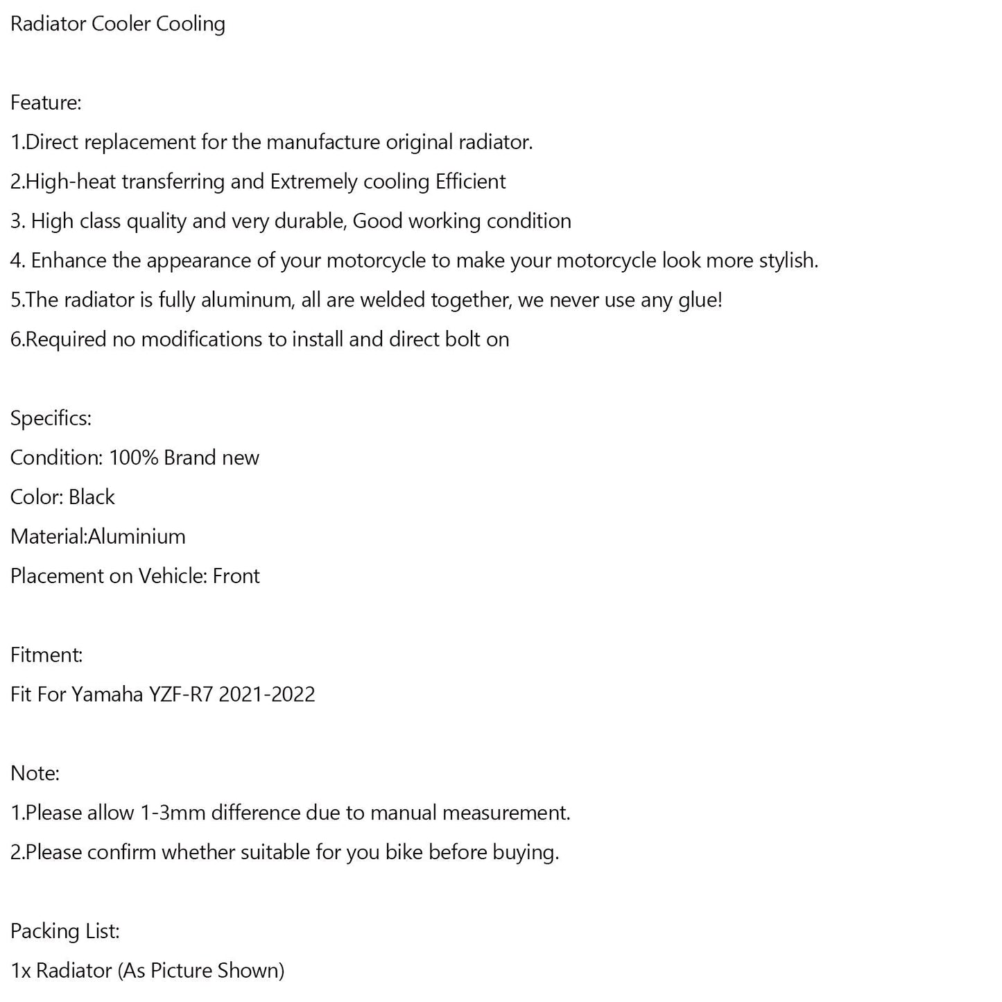 Enfriador de radiador de aluminio para motor Yamaha YZF-R7 YZF R7 2021-2022