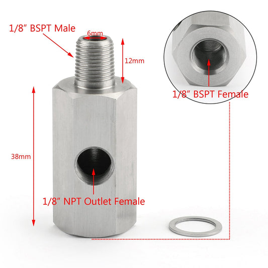 1/8" BSPT Oil Pressure Sensor Tee to NPT Adapter Turbo Supply Feed Line Mete