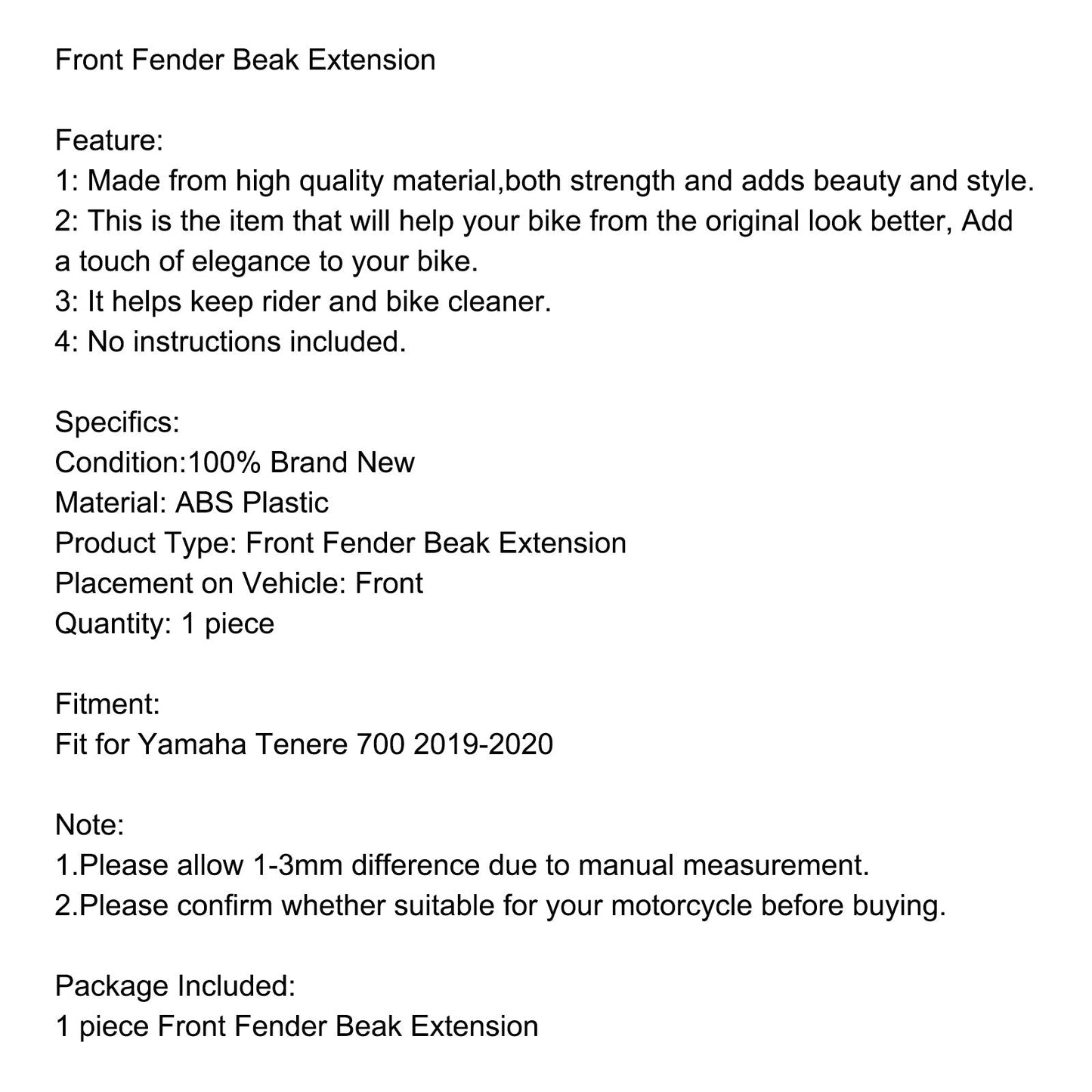 Extensión de guardabarros delantero de carbono ABS compatible con Yamaha Tenere 700 2019-2020