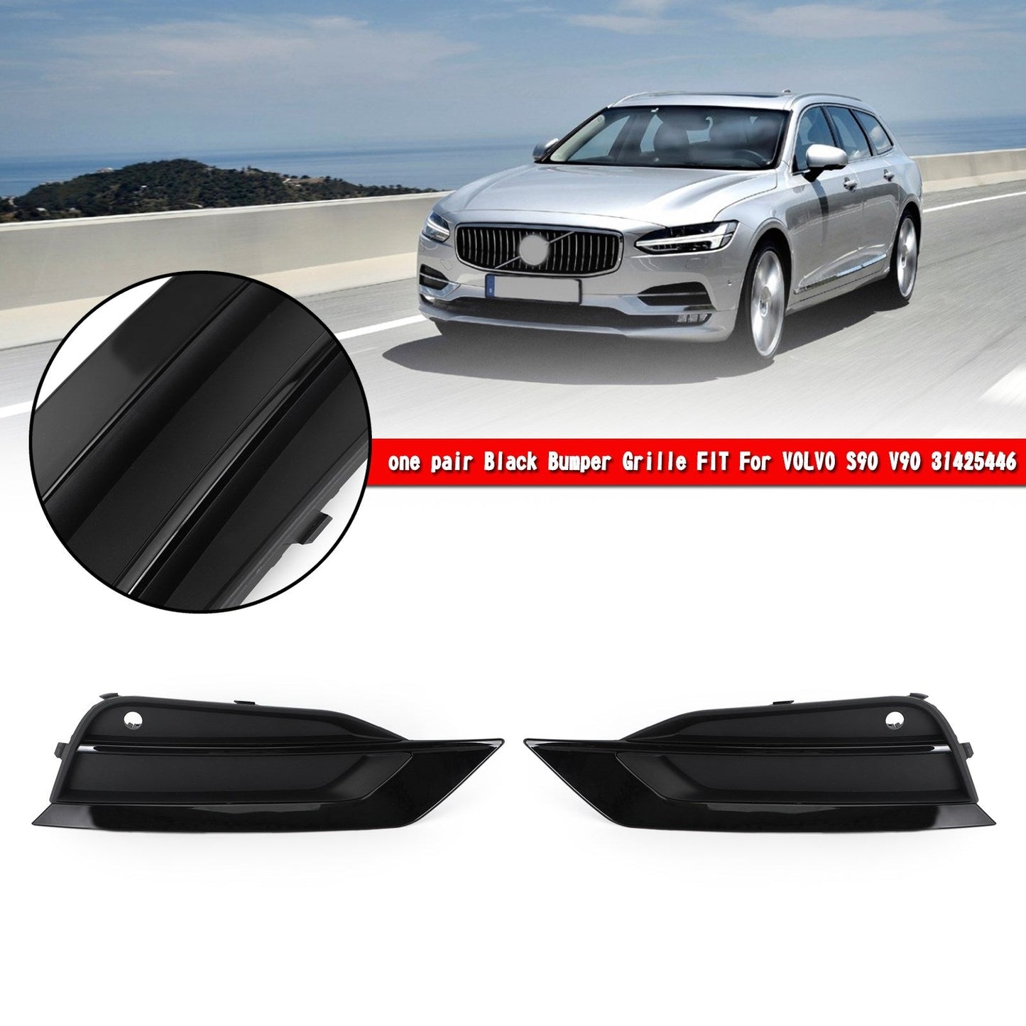 VOLVO S90 V90 2016-2019 Pair Bumper Lower Grille Gloss Black 31425447 31425446 Generic