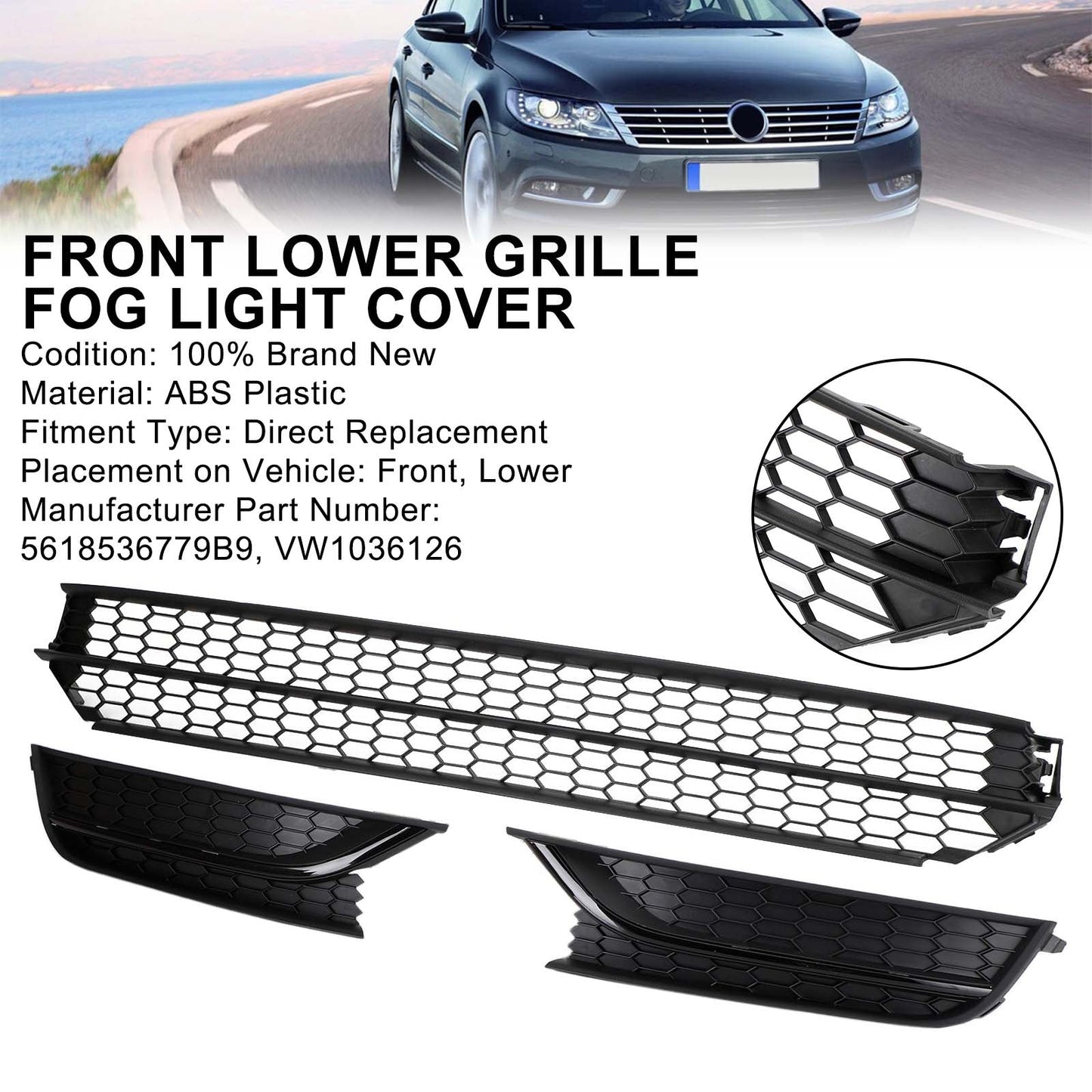Volkswagen 2012-2015 Passat 5618536779B9 Front Bumper Lower Grille Grill Fog Light Cover