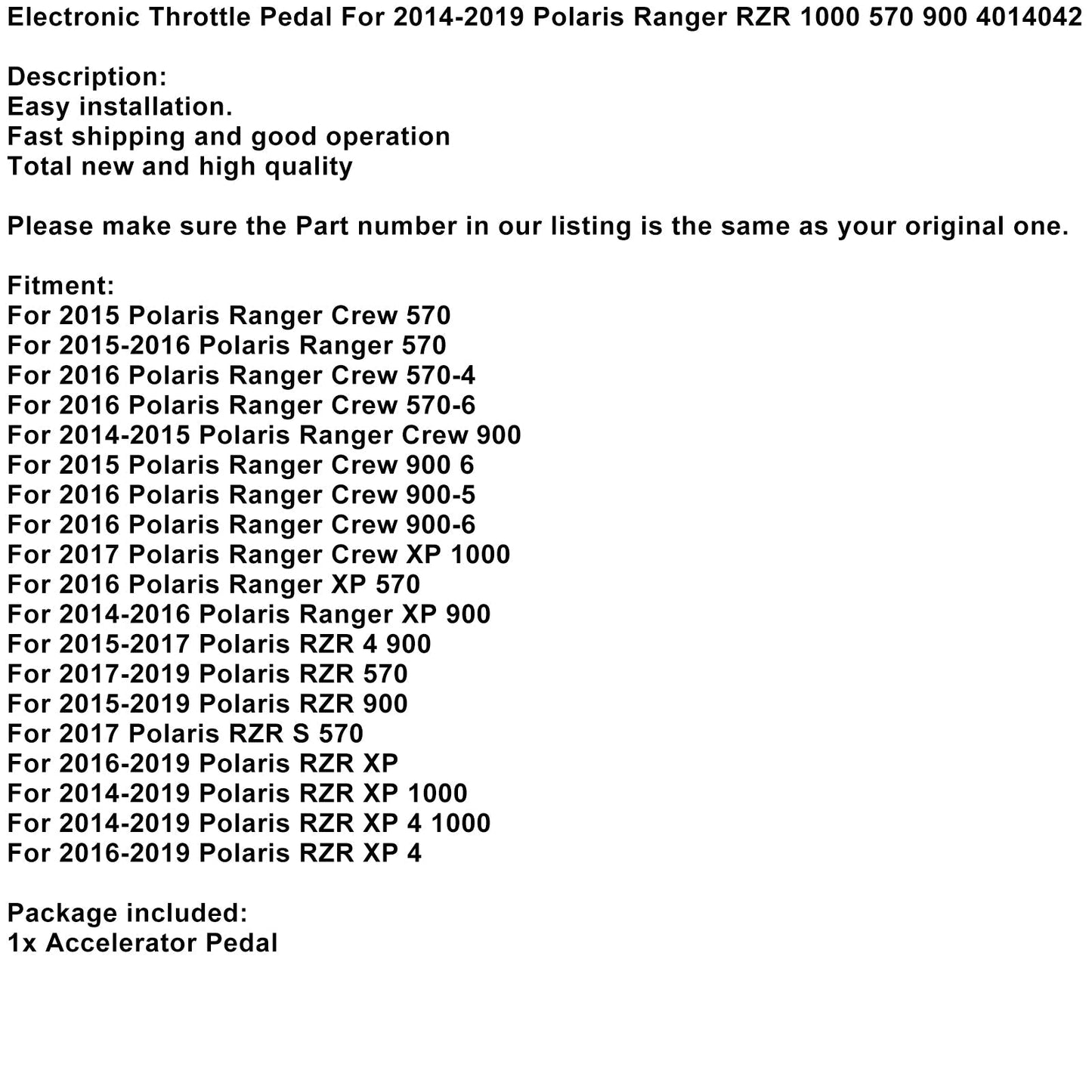 Electronic Throttle Pedal For Polaris Ranger Rzr 570 900 1000 4014042 2014-2019
