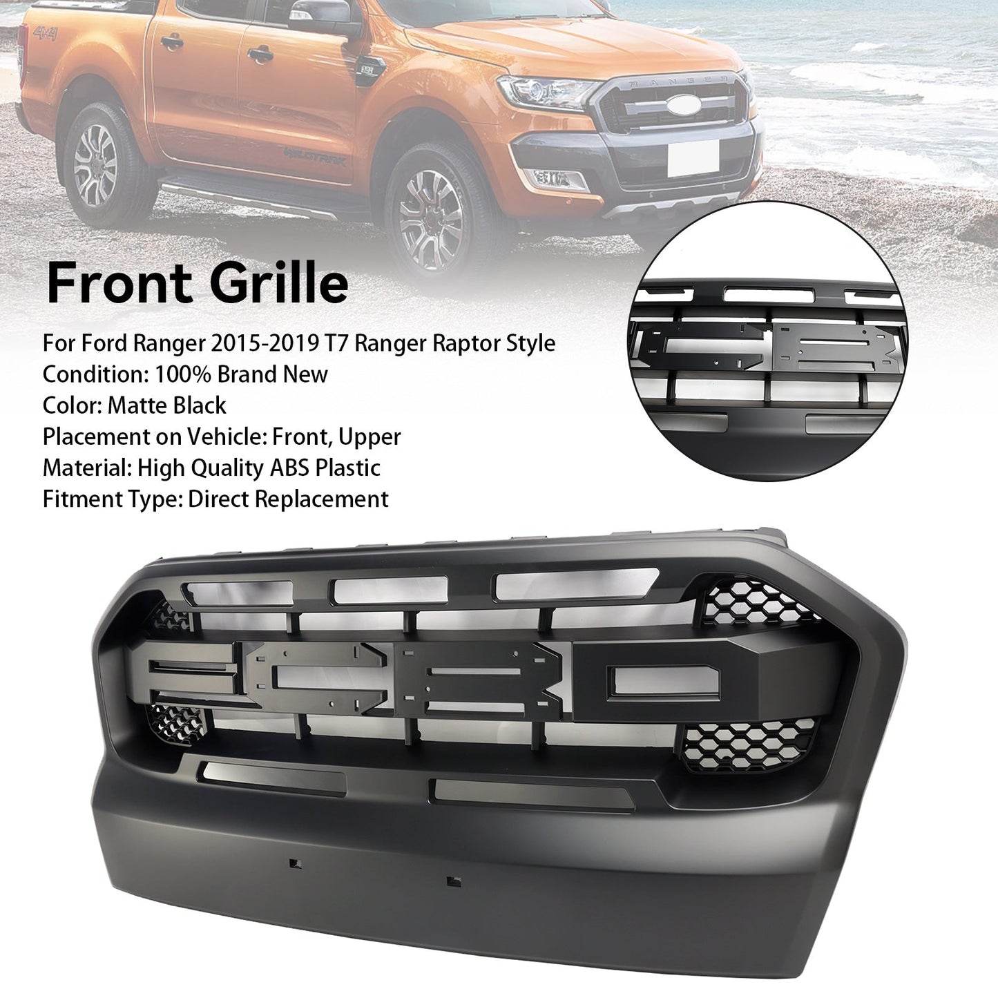 Ford Ranger 2015-2019 T7 Ranger Raptor Style Matt Black Front Bumper Grill