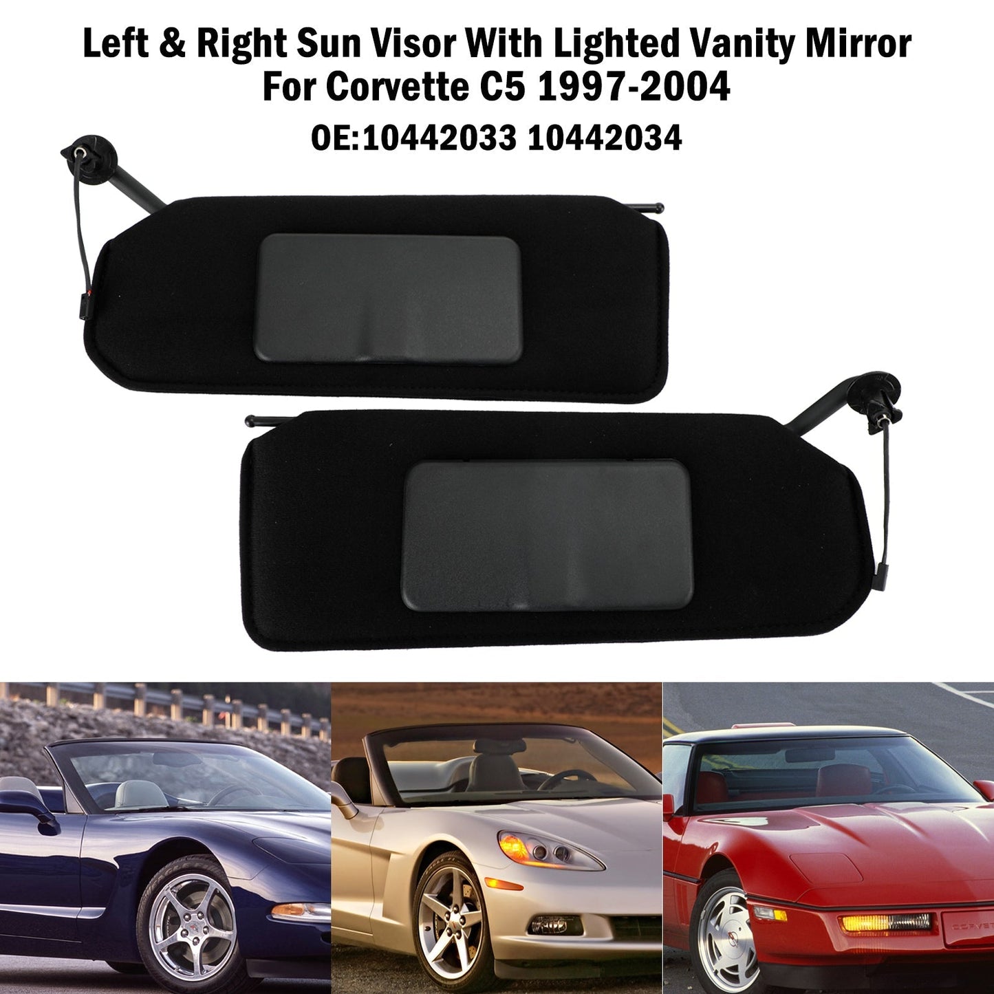 Paire de pare-soleil noirs avec miroir de courtoisie pour Corvette C5 8 cylindres, 5,7 L, 1997-2004, 10442033 et 10442034