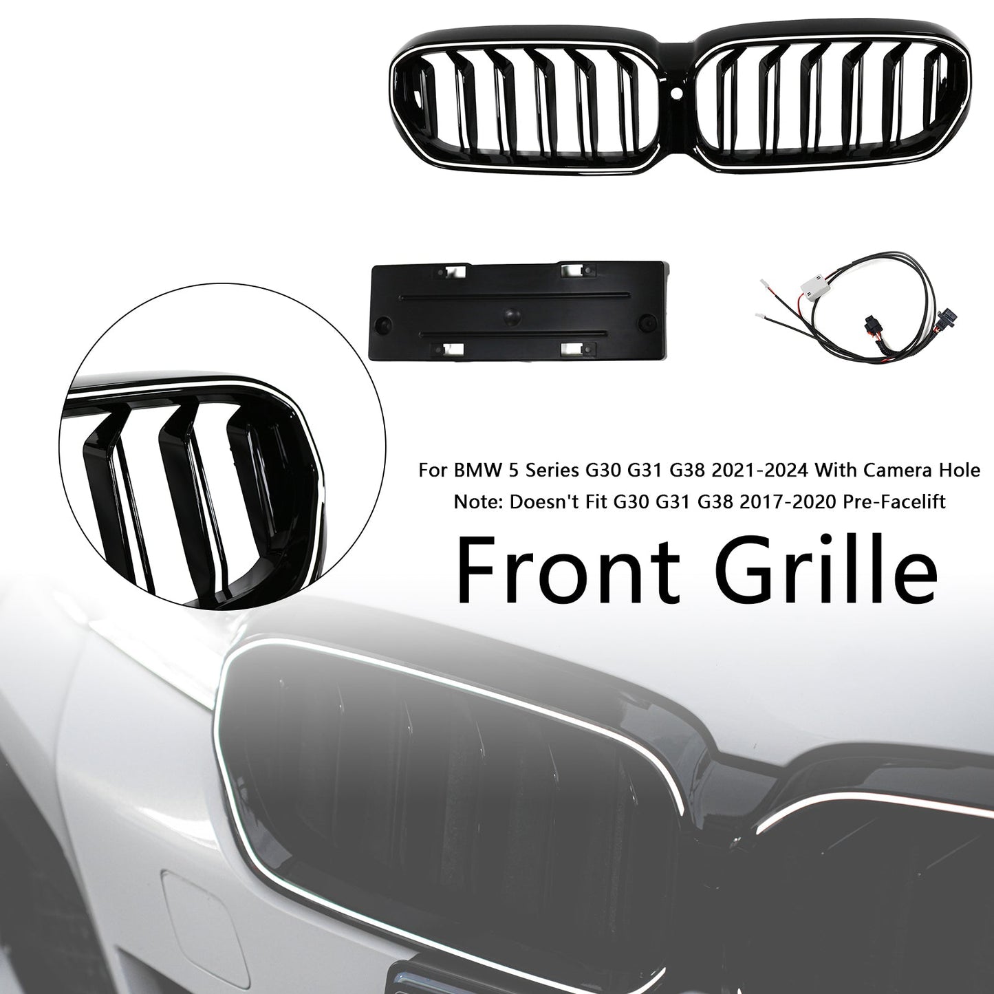 2021-2024 BMW 5 Series G30 G38 Double Slat Kidney Grille Front Bumper Replacement Gloss Black Grill With LED Strip