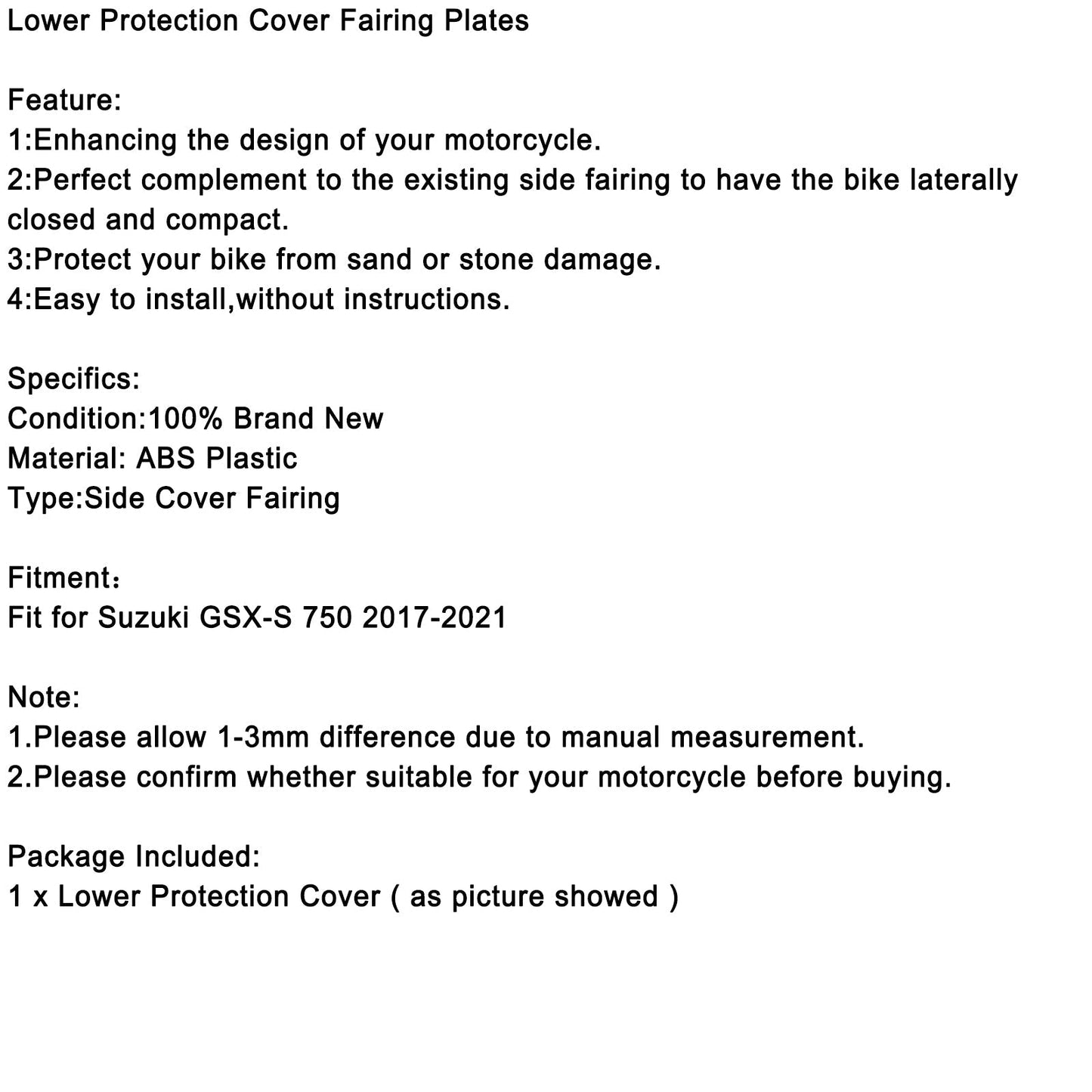 Lower Protection Cover Fairing Plates for For Suzuki GSXS GSX-S750 2017-2021