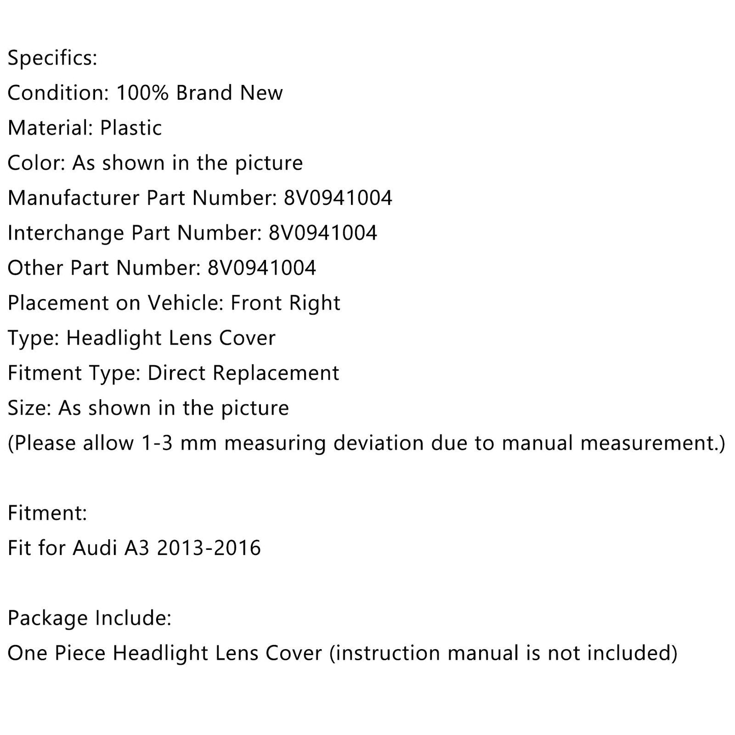 Couvercle de phare gauche et droit, lentille transparente, pour Audi A3 8V0941004 et 8V0941003 (2013-2016)