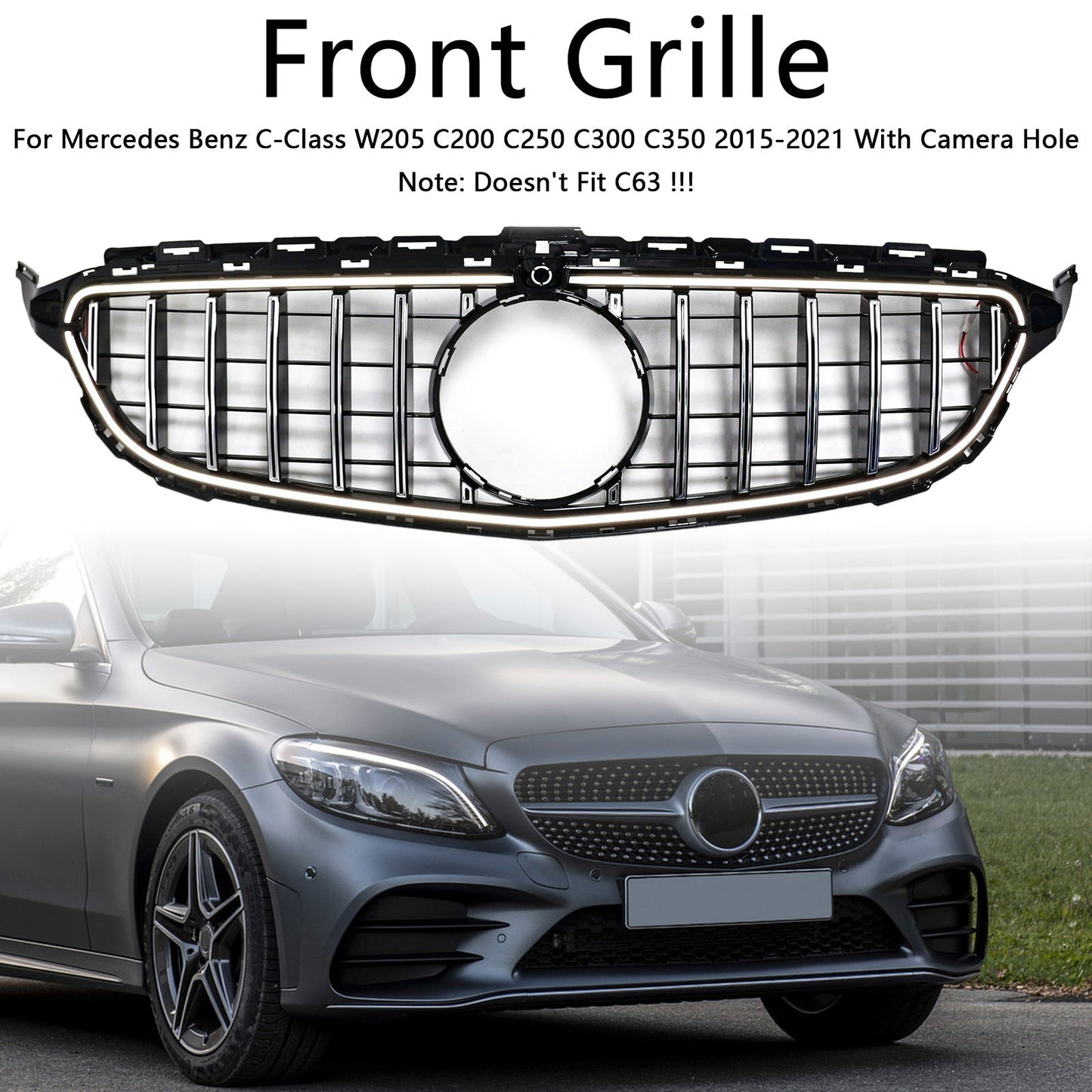 2015-2021 Mercedes Benz C-Class W205 C200 C250 C300 C350 Chrome Front Bumper Grill Grille W/LED