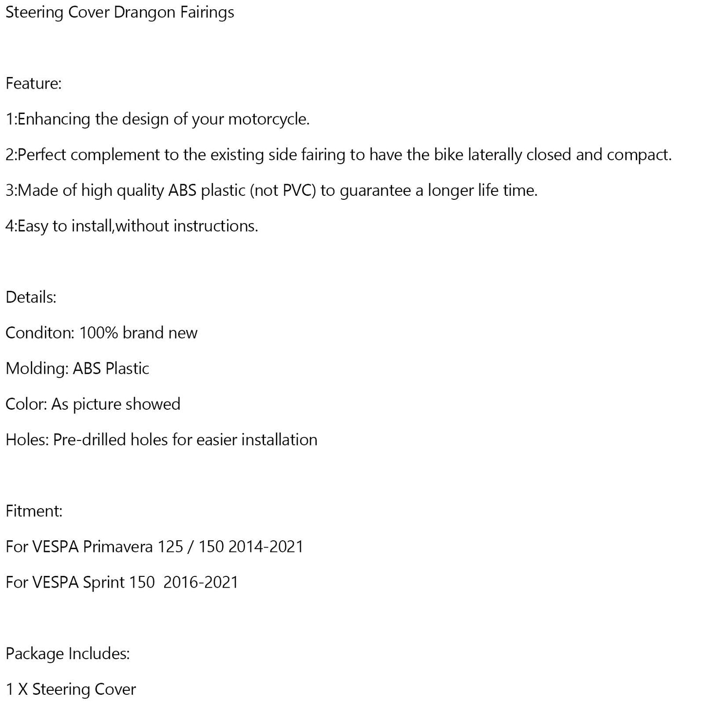 Carenado de bocina de dirección ABS para VESPA Sprint Primavera 125/150 2014-2021