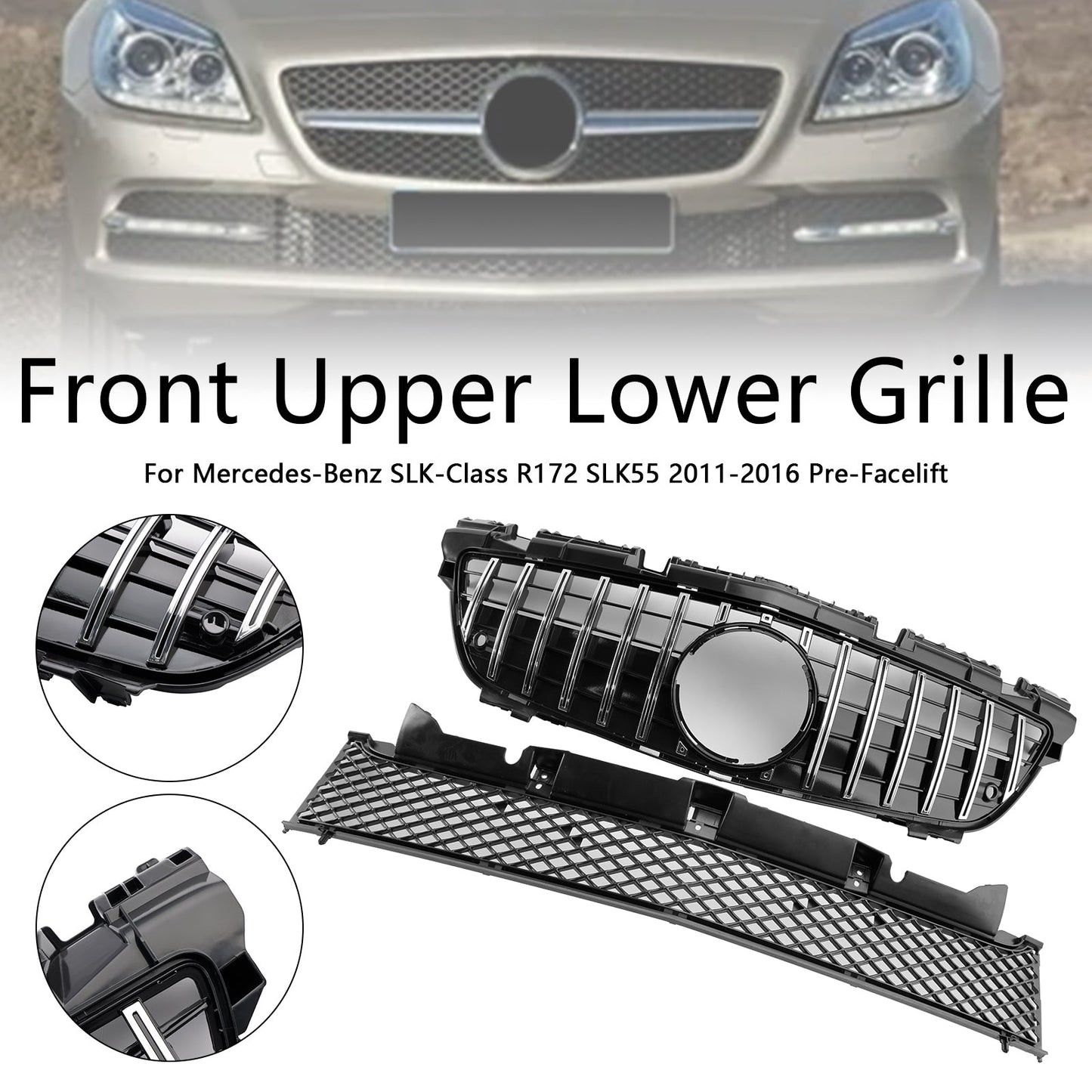 Chrome Front Upper Lower Grille Fit Mercedes SLK-Class R172 SLK55 2011-2016