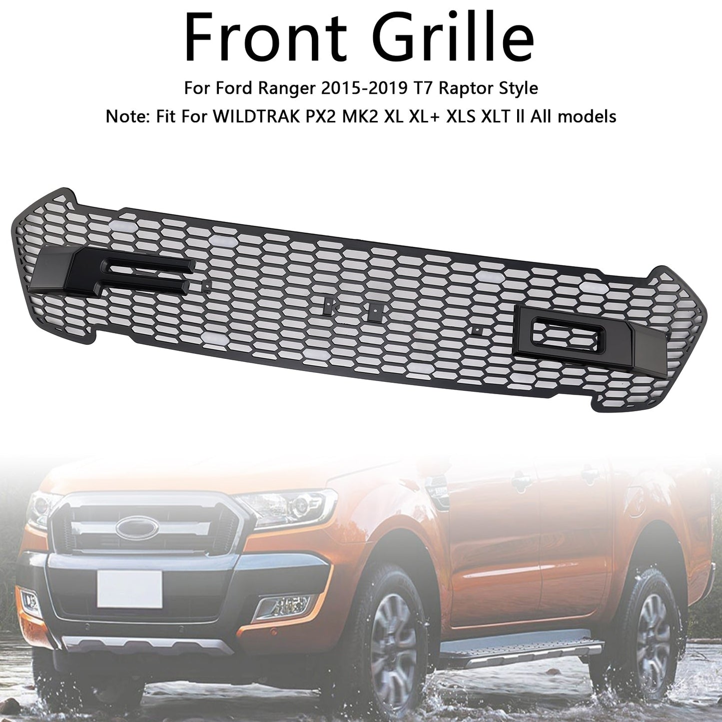 2015-2019 Matte Black Front Bumper Grill Grille Fit Ford Ranger T7 W/LED