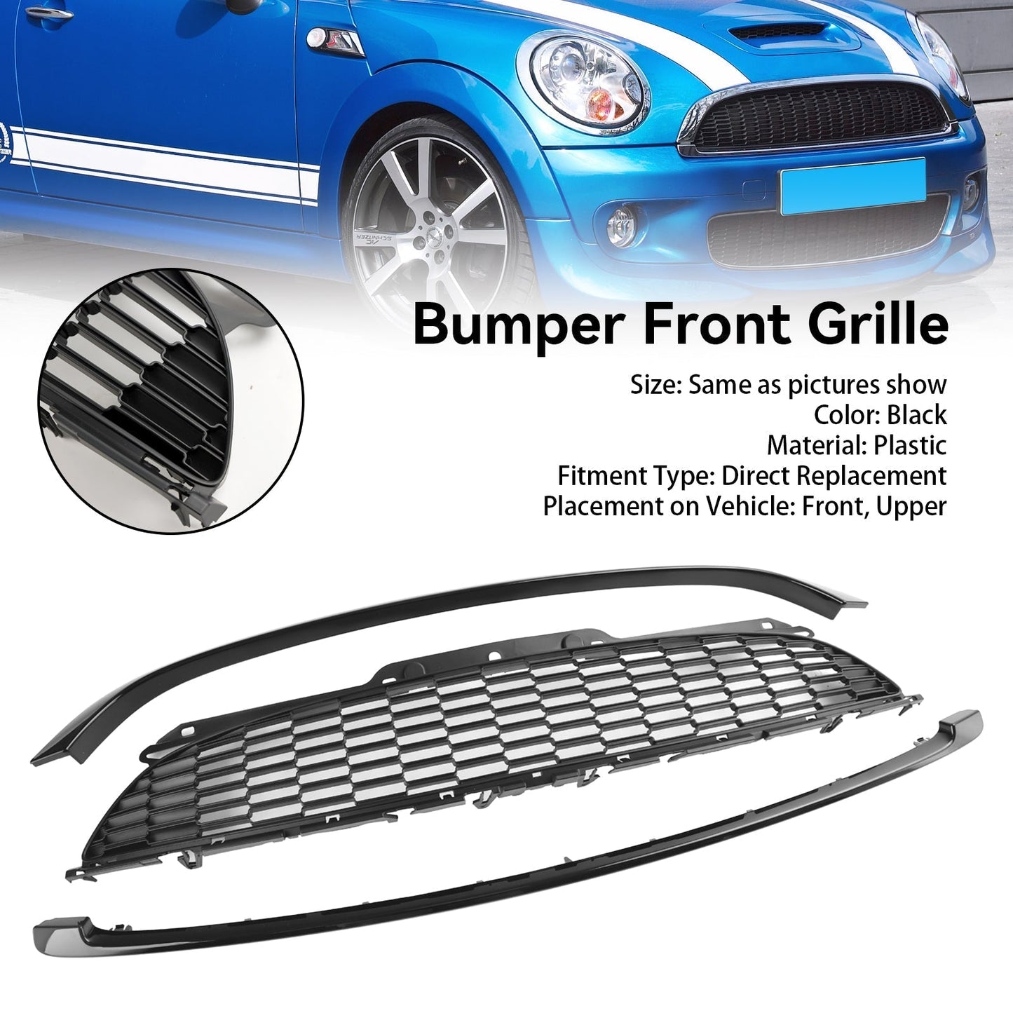 2007-2013 Mini R56 Cooper S & JCW 3-Door Hatchback 3PCS Gloss Black Front Grille Grill