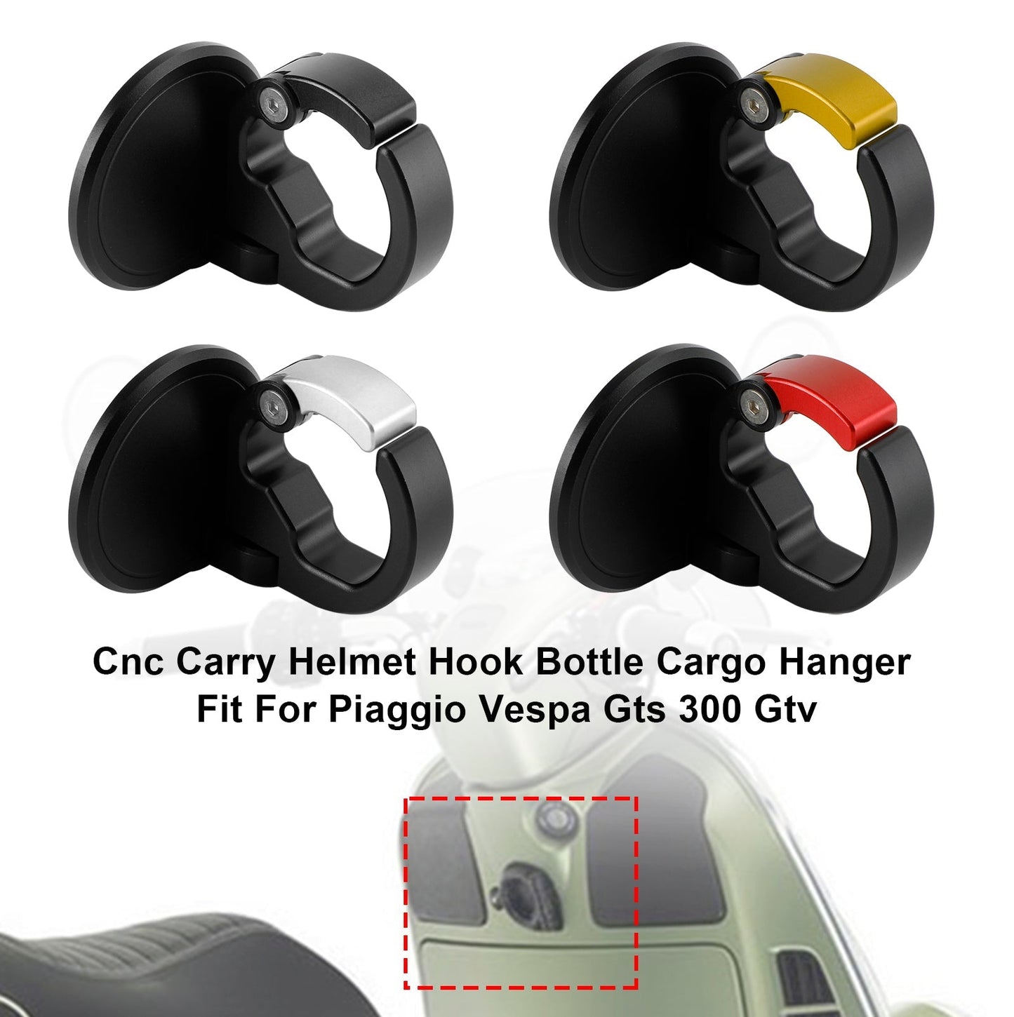 Gancho CNC para casco y portabotellas, compatible con Piaggio Vespa GTS 300 GTV, color plateado