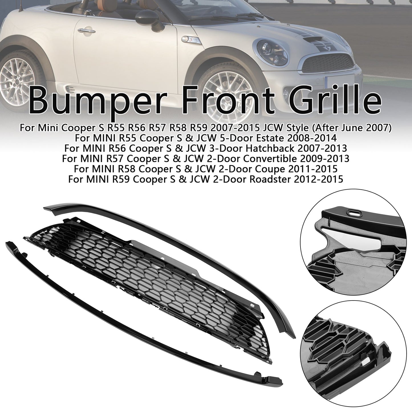 2007-2015 Mini Cooper S R55 R56 R57 R58 R59 JCW Style 3PCS Gloss Black Front Grill Replacement Grille