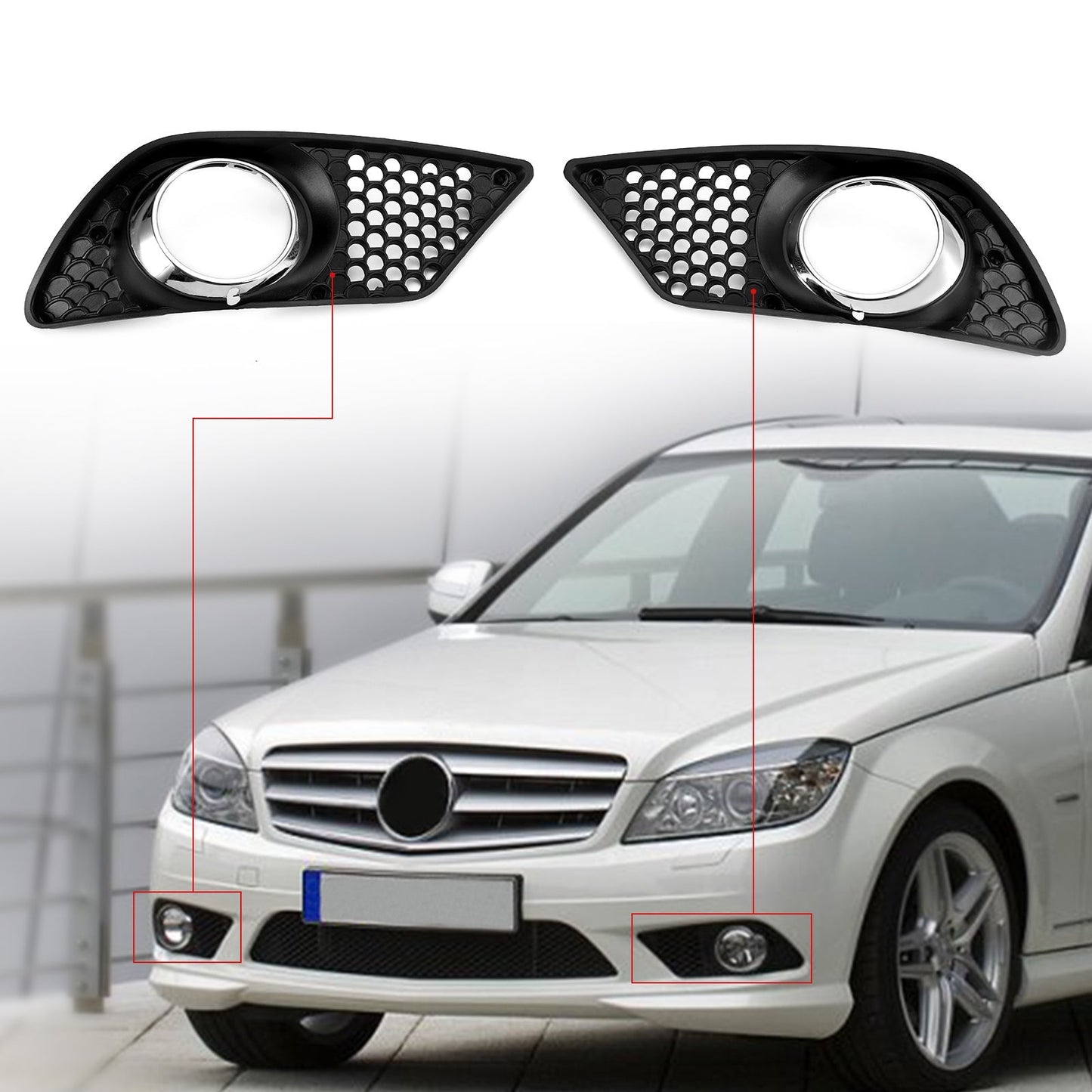 2008-2010 Mercedes Benz C-Class W204 A2048850353 Fog Light Grill Set Pair Front Bumper