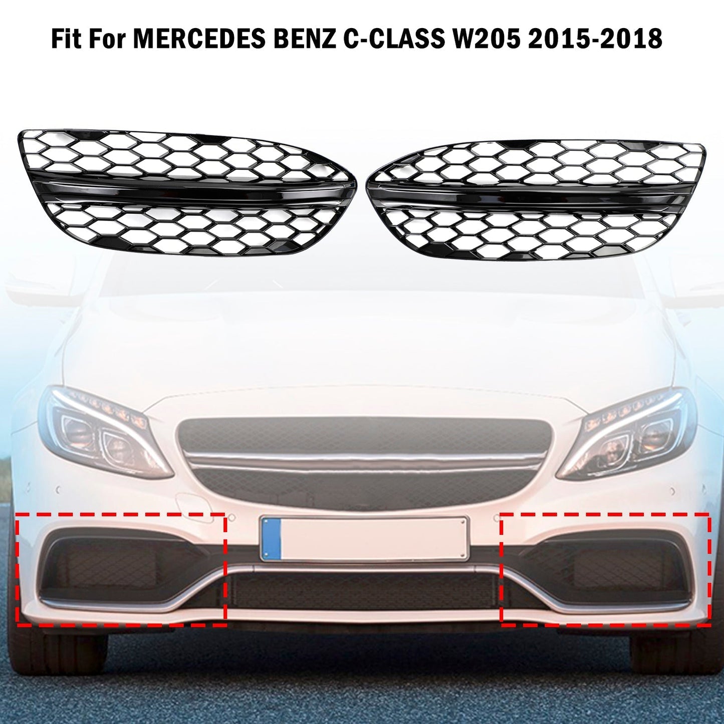 2015-2018 Mercedes Benz C-CLASS W205 Base Sedan Mesh Front Fog Light Cover 2058850723 2058851123 Generic