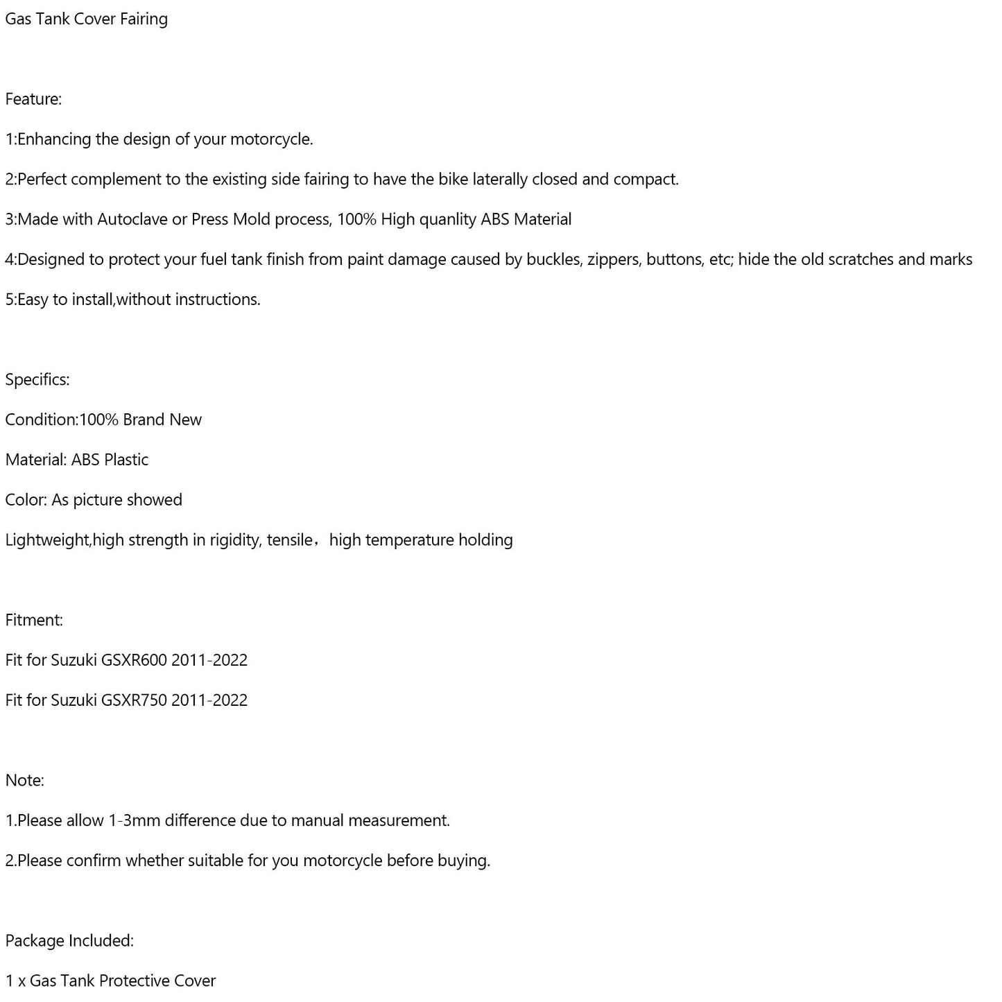 Protection de carénage de réservoir d'essence en carbone pour Suzuki GSXR600 GSXR 750 2011-2022