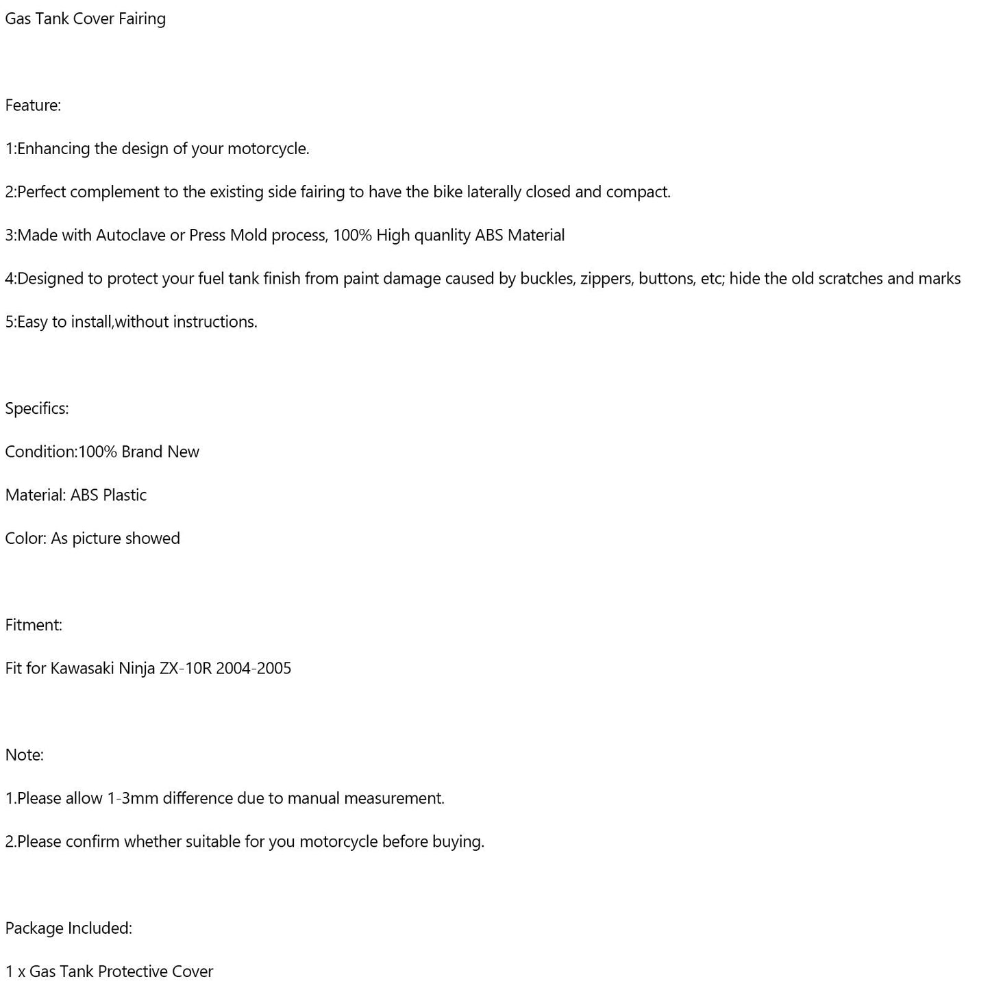 Protection de carénage de panneau de couvercle de réservoir d'essence pour Kawasaki Ninja ZX-10R 2004-2005 en carbone