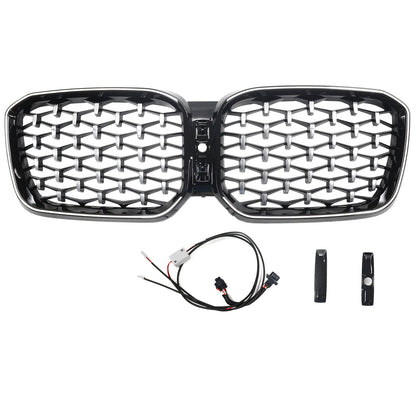 2022-2025 BMW X3 G01 / X4 G02 Chrome Diamond Black Kidney Grill Front Bumper Replacement Grille With LED Strip Light