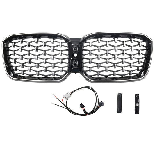 2022-2025 BMW X3 G01 / X4 G02 Chrome Diamond Black Kidney Grill Front Bumper Replacement Grille With LED Strip Light