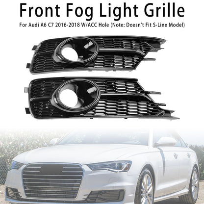 2016-2018 Audi A6 C7 W/ACC Hole Pair Front Bumper Lower Light Cover Grille Black Grill