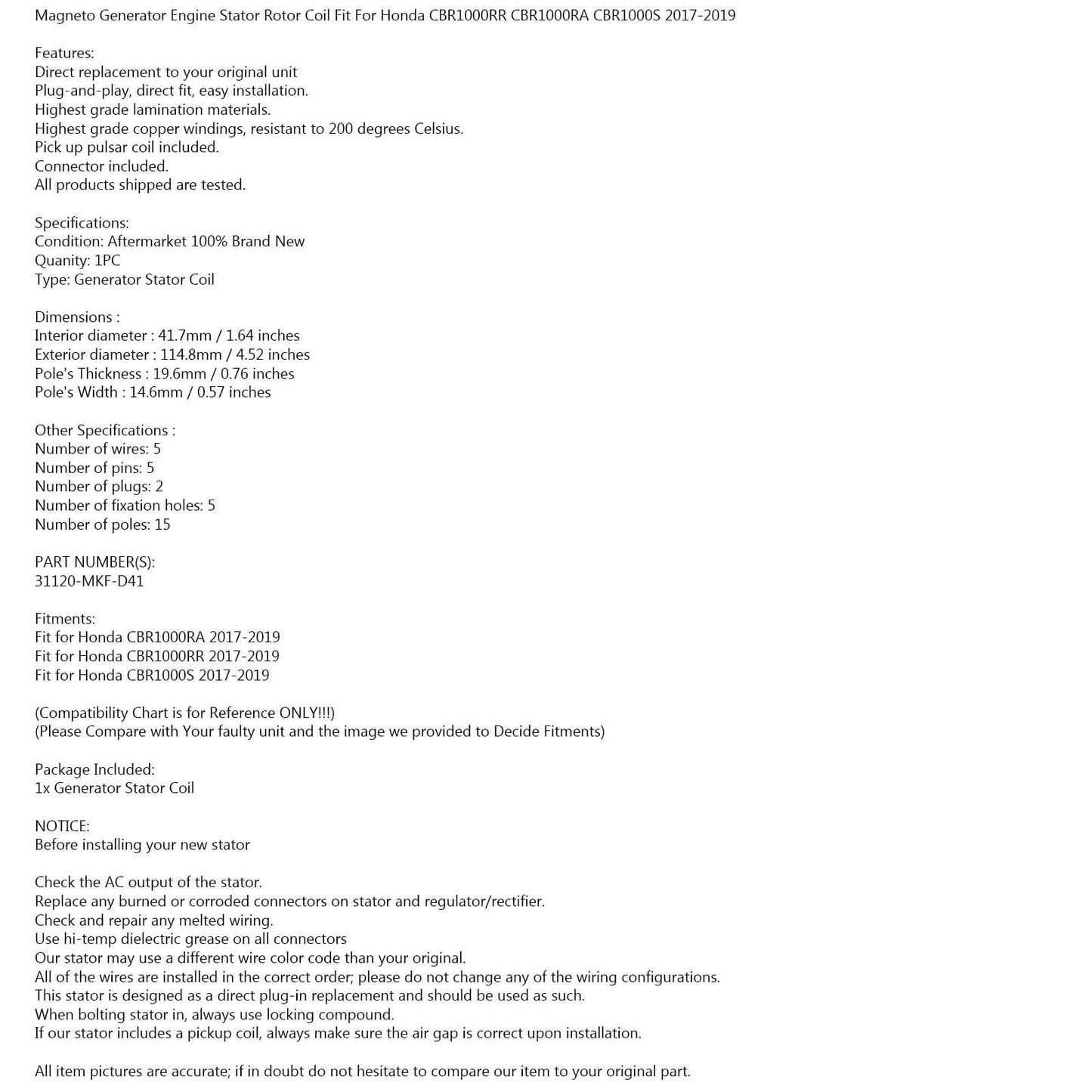 Alternador y estator generador compatibles con Honda CBR 1000 RR RA SP 2017-2019 (vía FedEx)