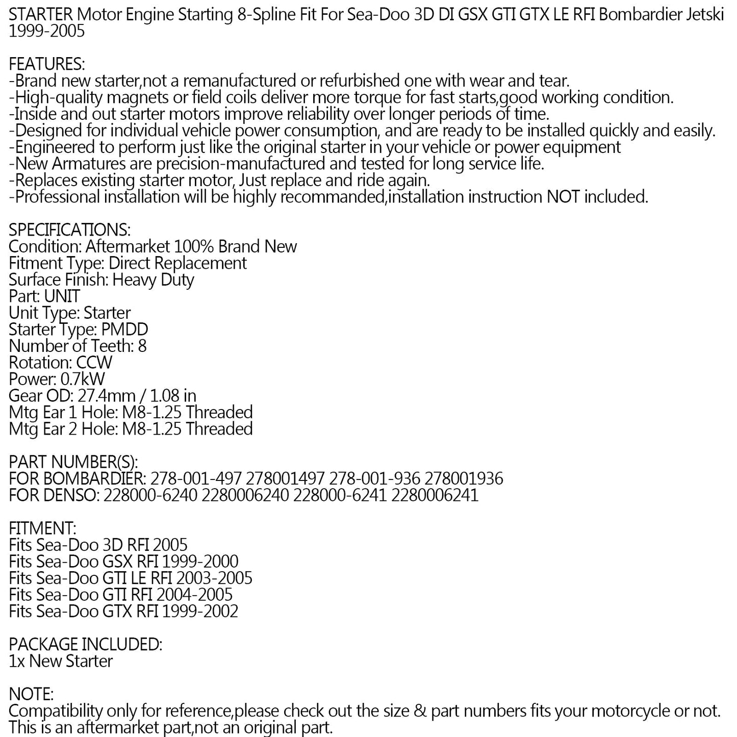NEW Starter for Sea-Doo 3D DI GSX GTI GTX LE RFI Bombardier Jet-Ski 1999-2005 Assosary