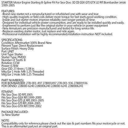 NEW Starter for Sea-Doo 3D DI GSX GTI GTX LE RFI Bombardier Jet-Ski 1999-2005 Assosary