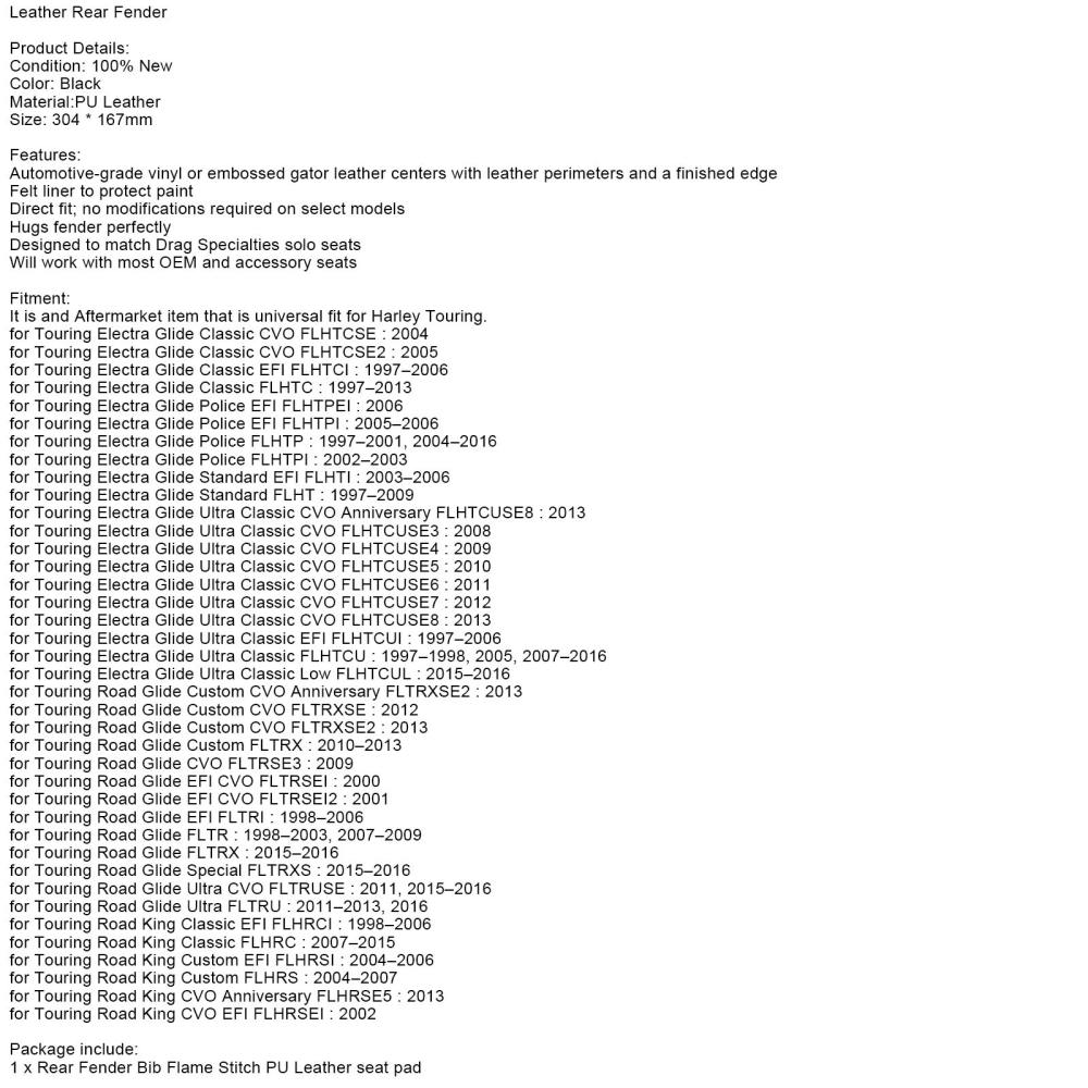 Flame Stitch PU Leather Rear Fender Bib Solo Seat For Touring Electra Road Glide