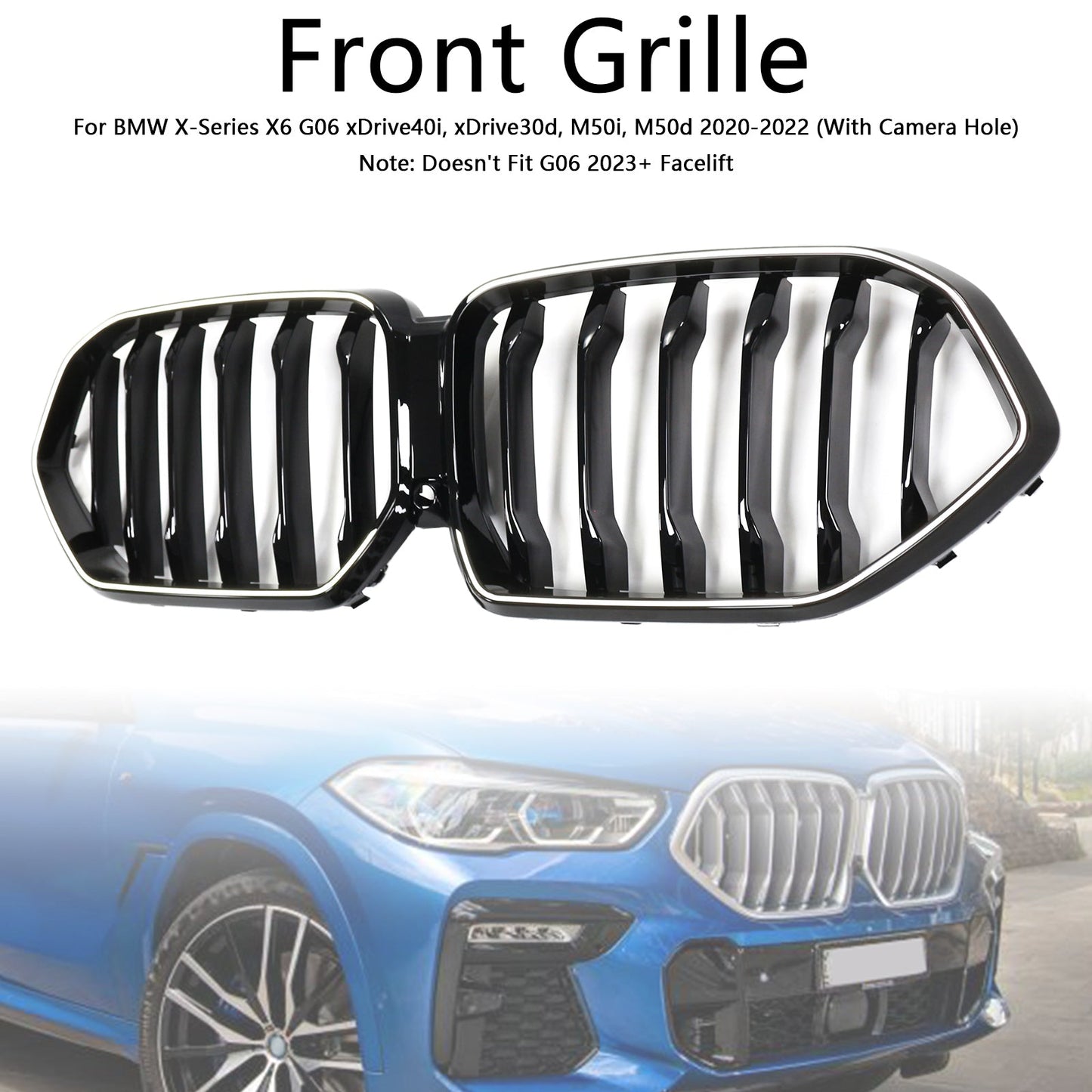 2020-2022 BMW X6 G06 M50i Black Front Bumper Grille Grill W/Camera Hole
