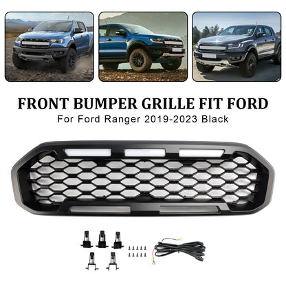Ford Ranger 2019-2023 Front Bumper Grill Raptor / Honeycomb / Mesh Style Black Grille W/ 3 White LED Light