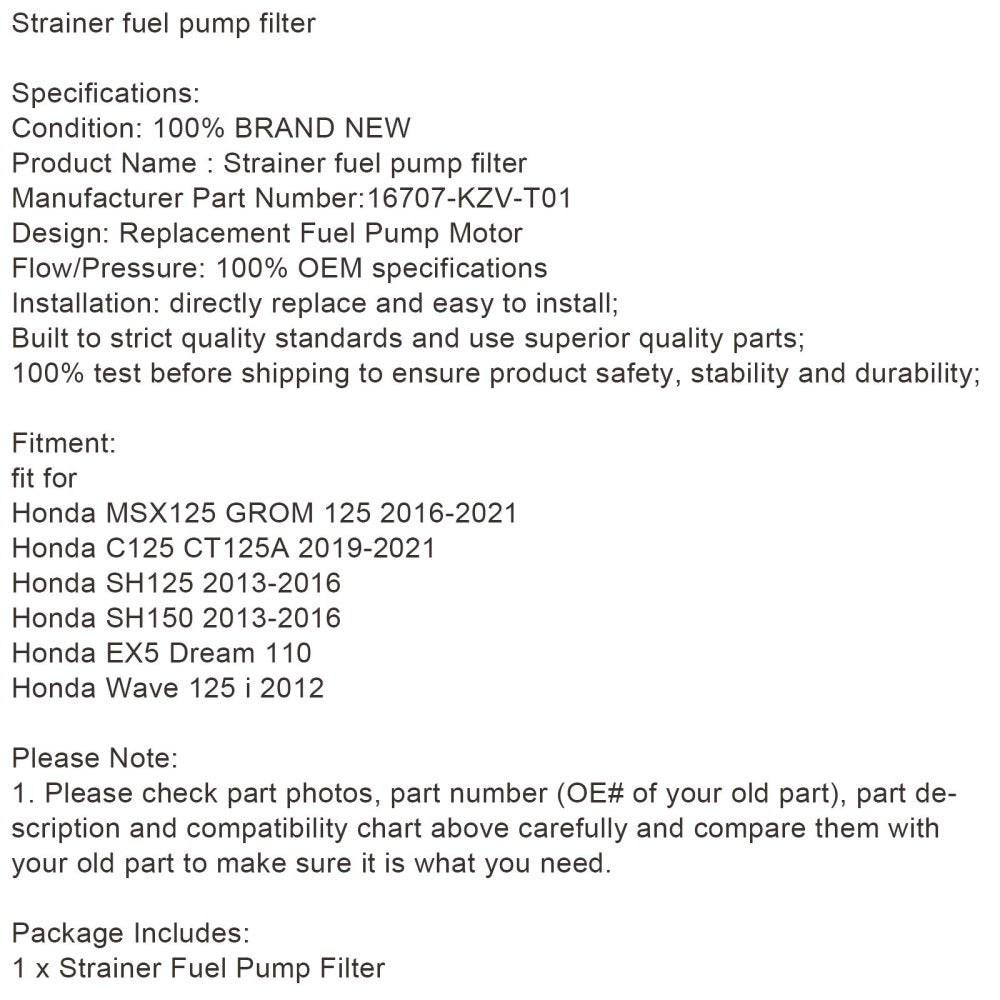 Filtre à tamis pour pompe à carburant Honda SH125 CT125A MSX125 #16707-KZV-T01