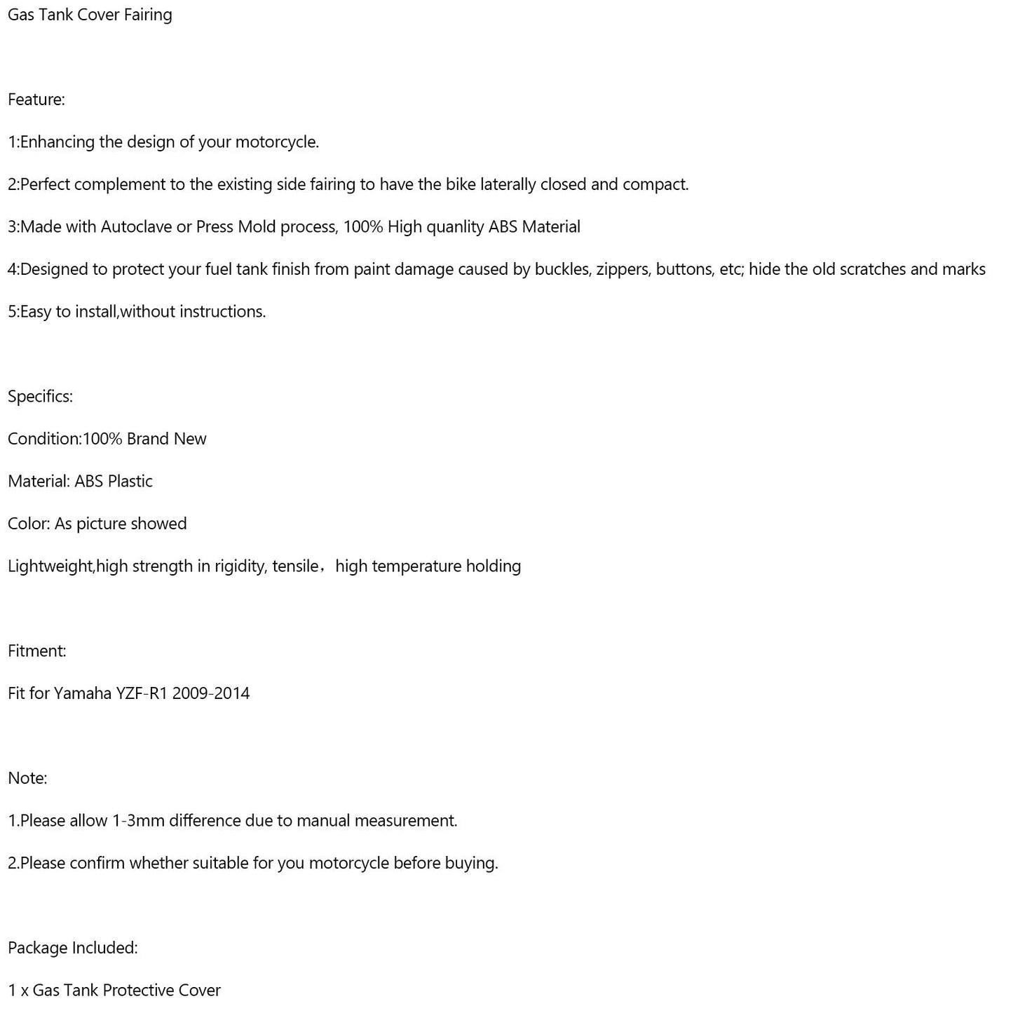 Gas Tank Cover Panel Fairing Protector For For Yamaha YZF-R1 2009-2014 Carbon