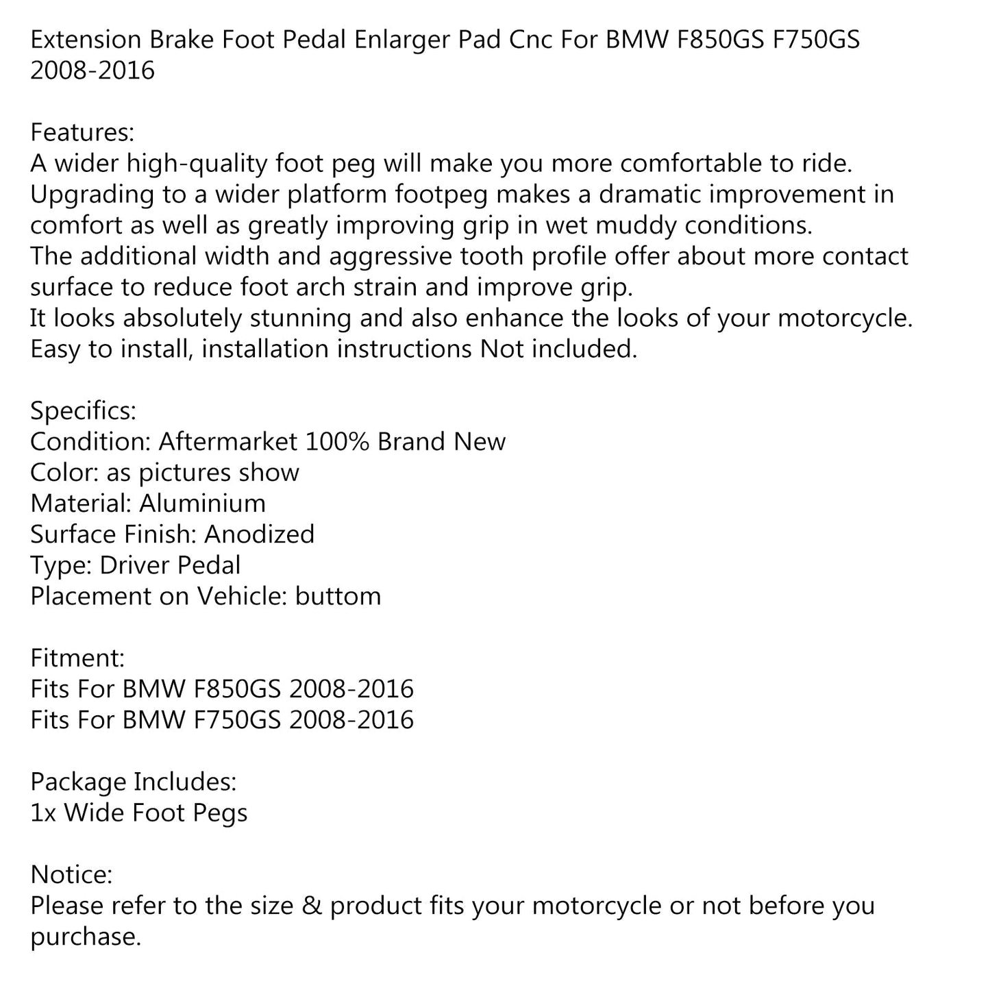 Extensión de pedal de freno de aluminio para F850Gs y F750Gs (08-16, 09), color plateado