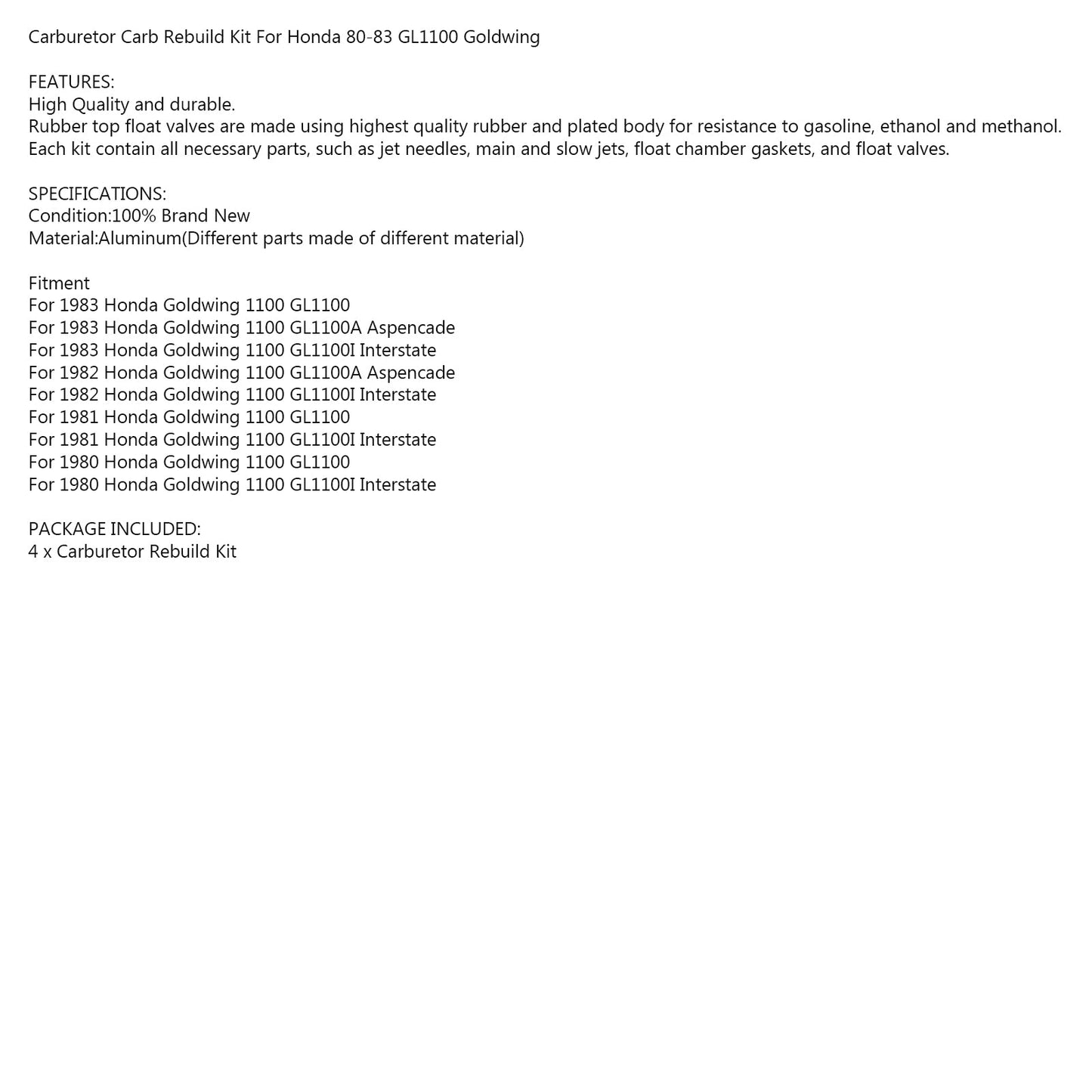 Kit de reparación de carburador de 4 piezas para Honda GL 1100 GL1100 80-83 81 1982