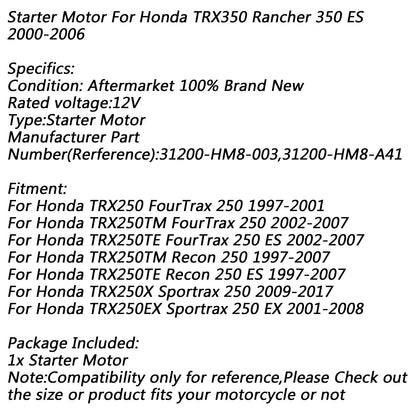 Electric Starter Motor for Honda TRX250 FourTrax 250 TRX250X Sportrax Recon ES Assosary