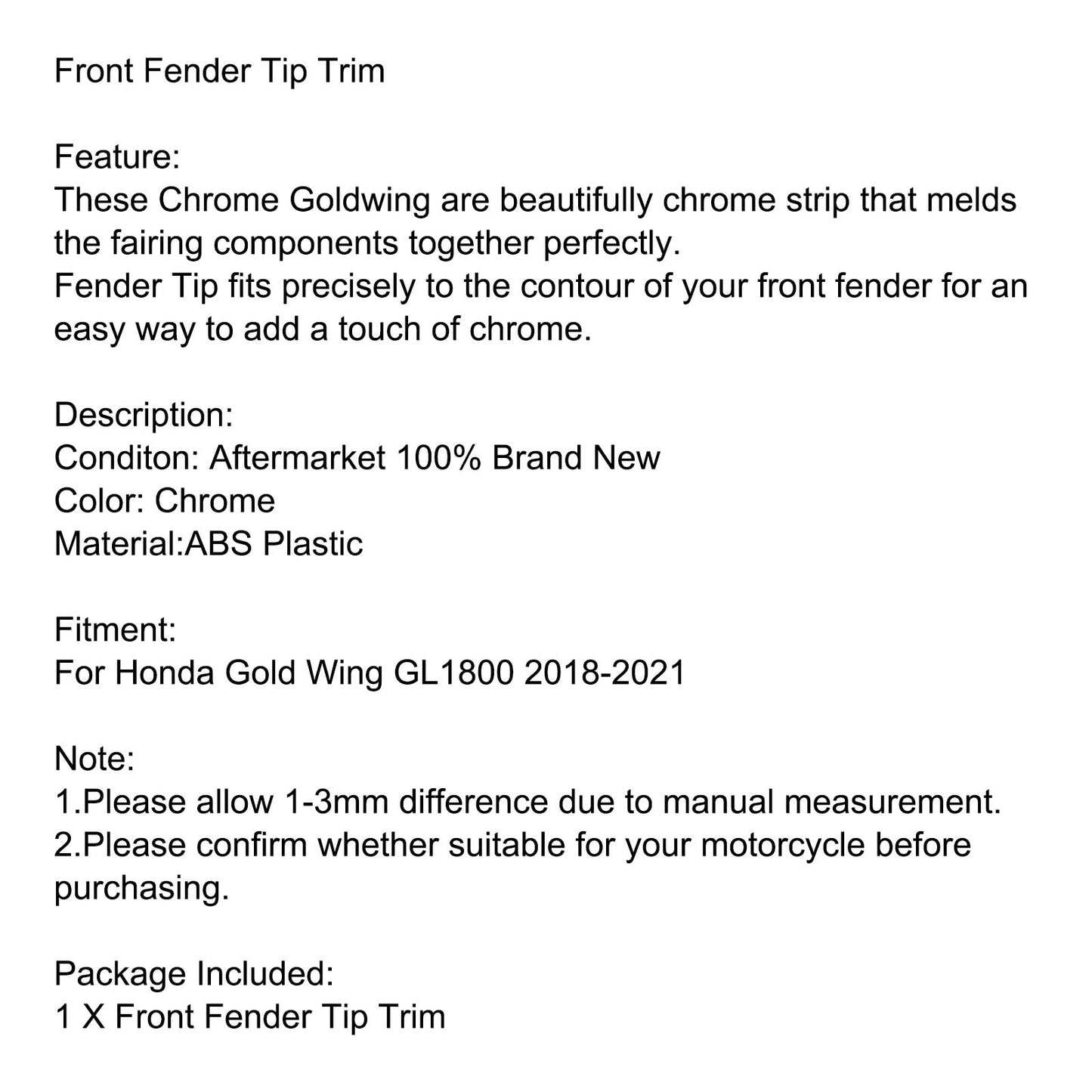 Chrome Front Fender Tip Trim Accent Case for Honda GL1800 Goldwing 1800 2018-2021