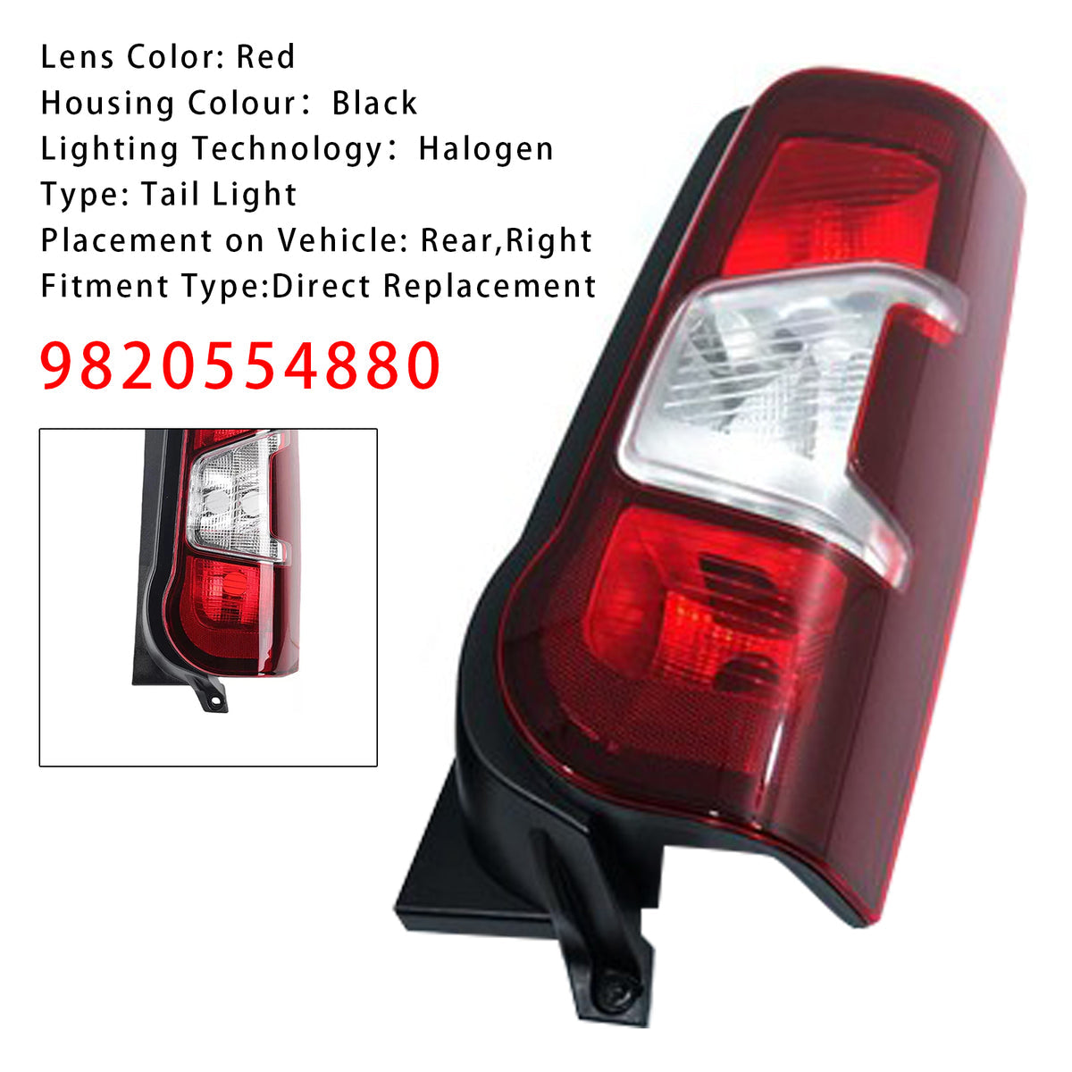 2018+ Vauxhall Combo 9820554880 Right Side Rear Tail Light Back Lamp