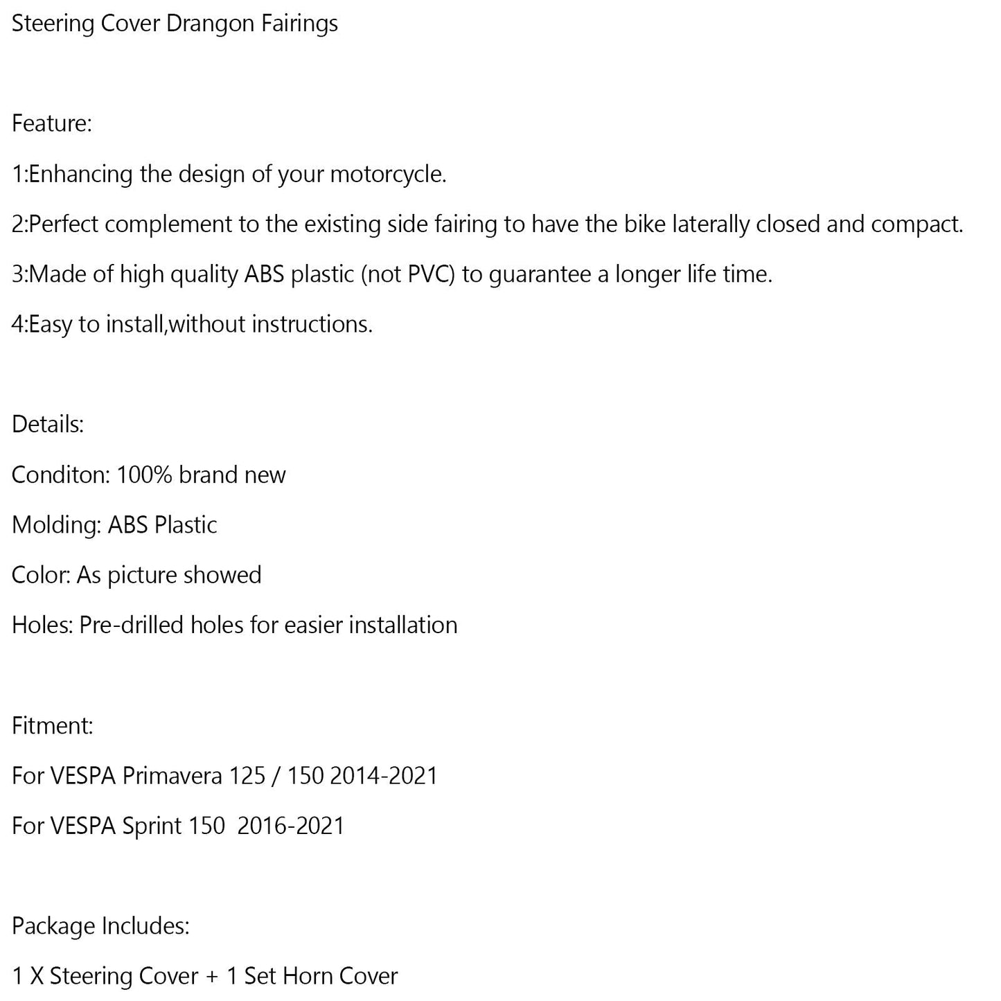 Carenado de bocina de dirección ABS para VESPA Sprint Primavera 125/150 14-21