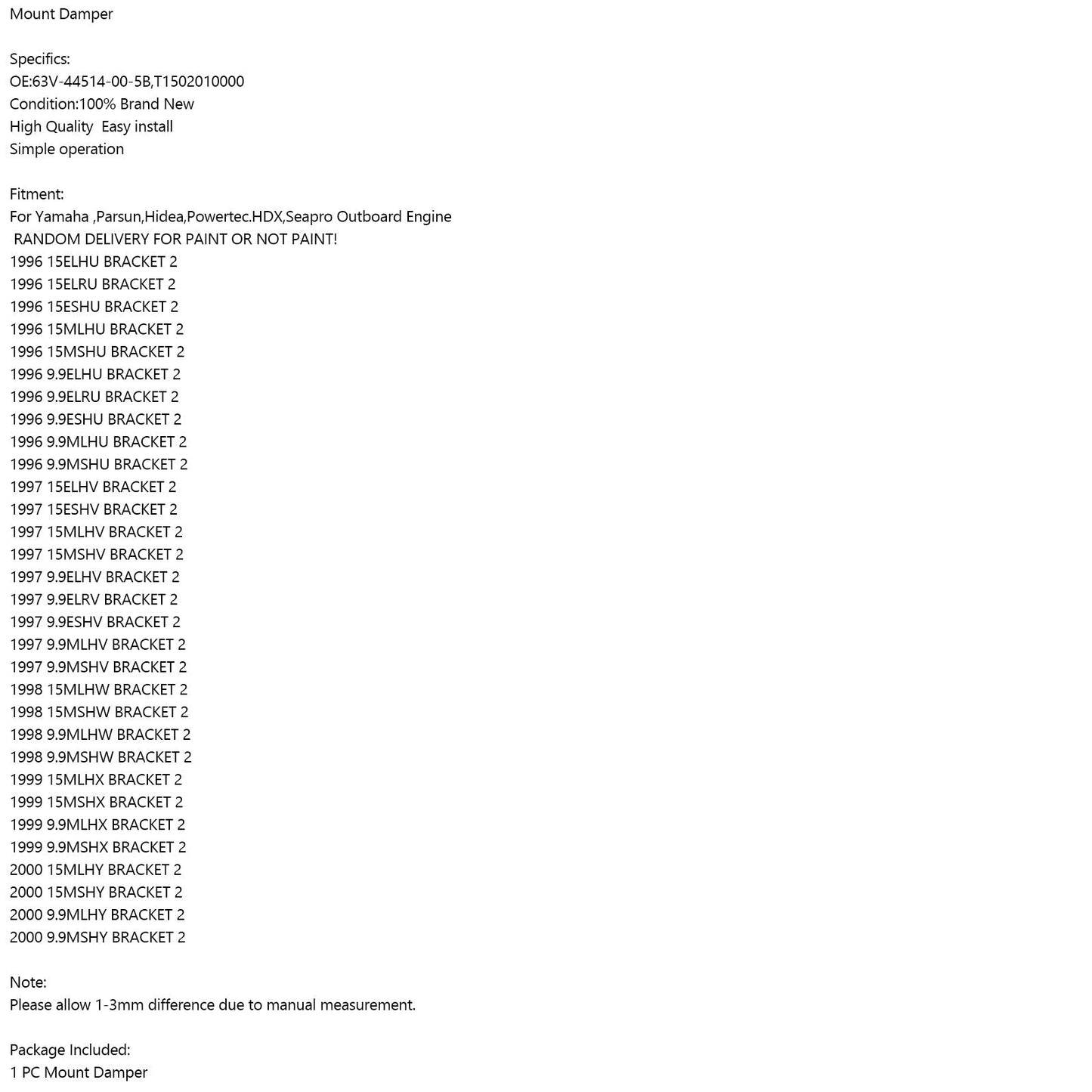 Amortiguador de montaje 63V-44514-00-5B T1502010000 para motor fueraborda Yamaha 2T 9.9HP 15HP