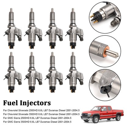 2001-2004.5 GMC Sierra 2500HD 3500HD 6.6L LB7 Duramax Diesel 8PCS Fuel Injectors 0445120008 0986435502 97208074