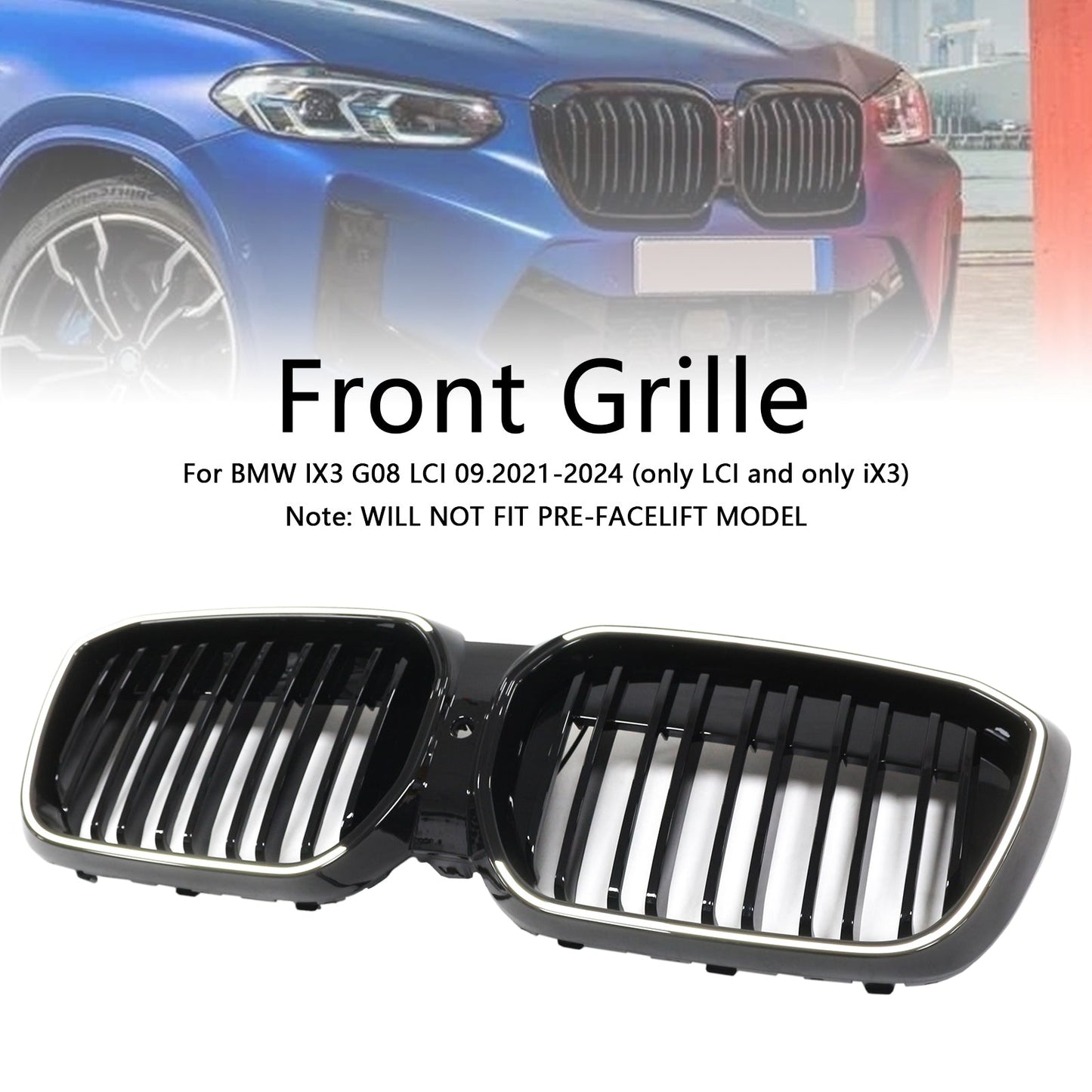 2022-2024 Double Slat Gloss Black Front Kidney Grill Grille Fit BMW IX3 G08 LCI