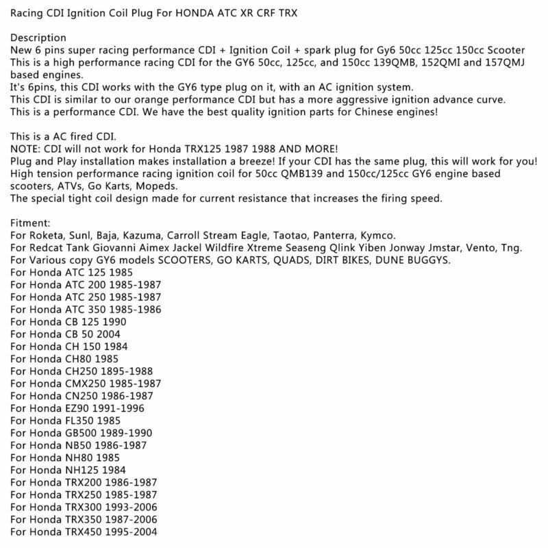 CDI TRX Coil CRF For 125 US Plug XR Ignition Racing ATC HONDA 150CC 50CC GY6 300