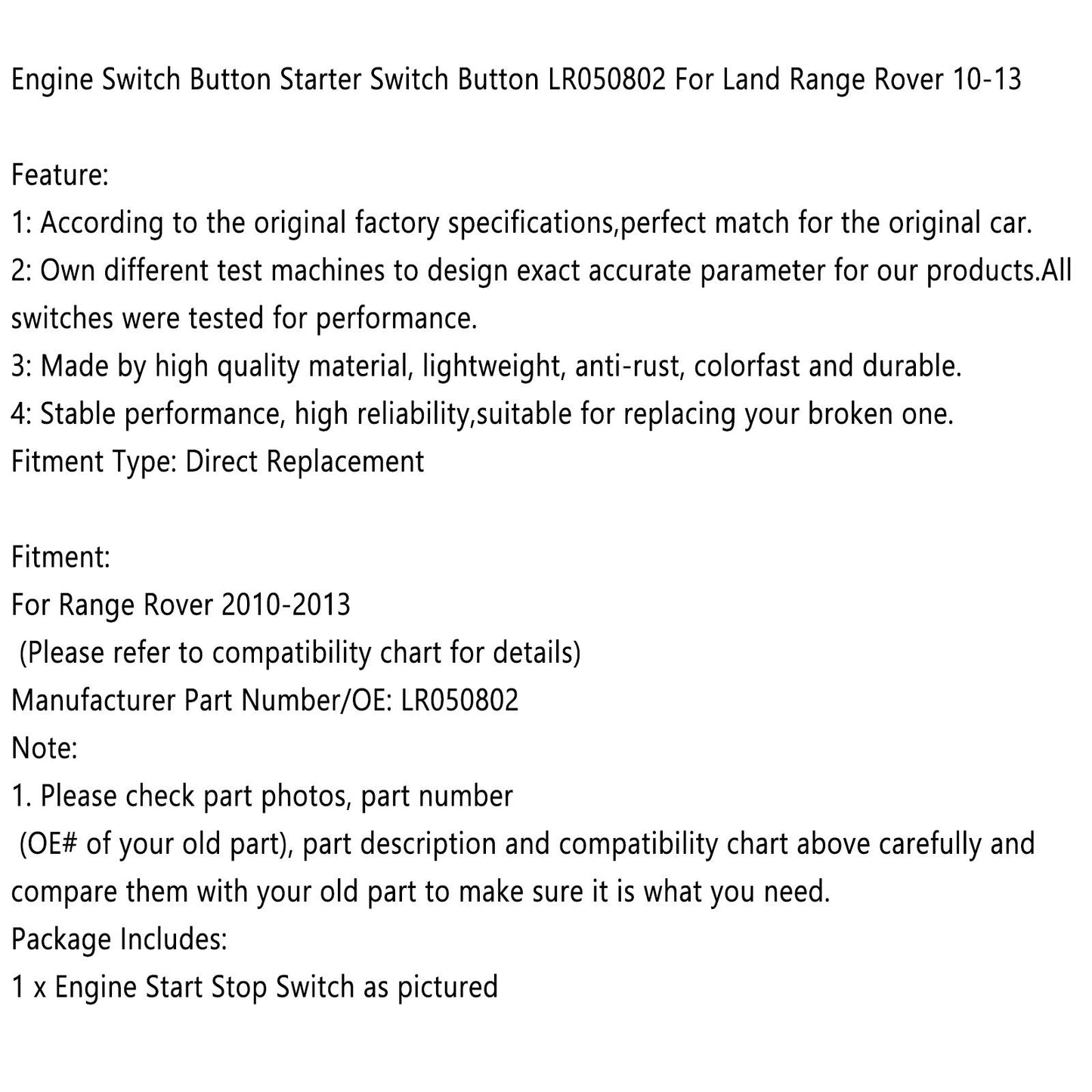 Engine Start Stop Switch Keyless Button 2010~2013 For Land Range Rover LR050802