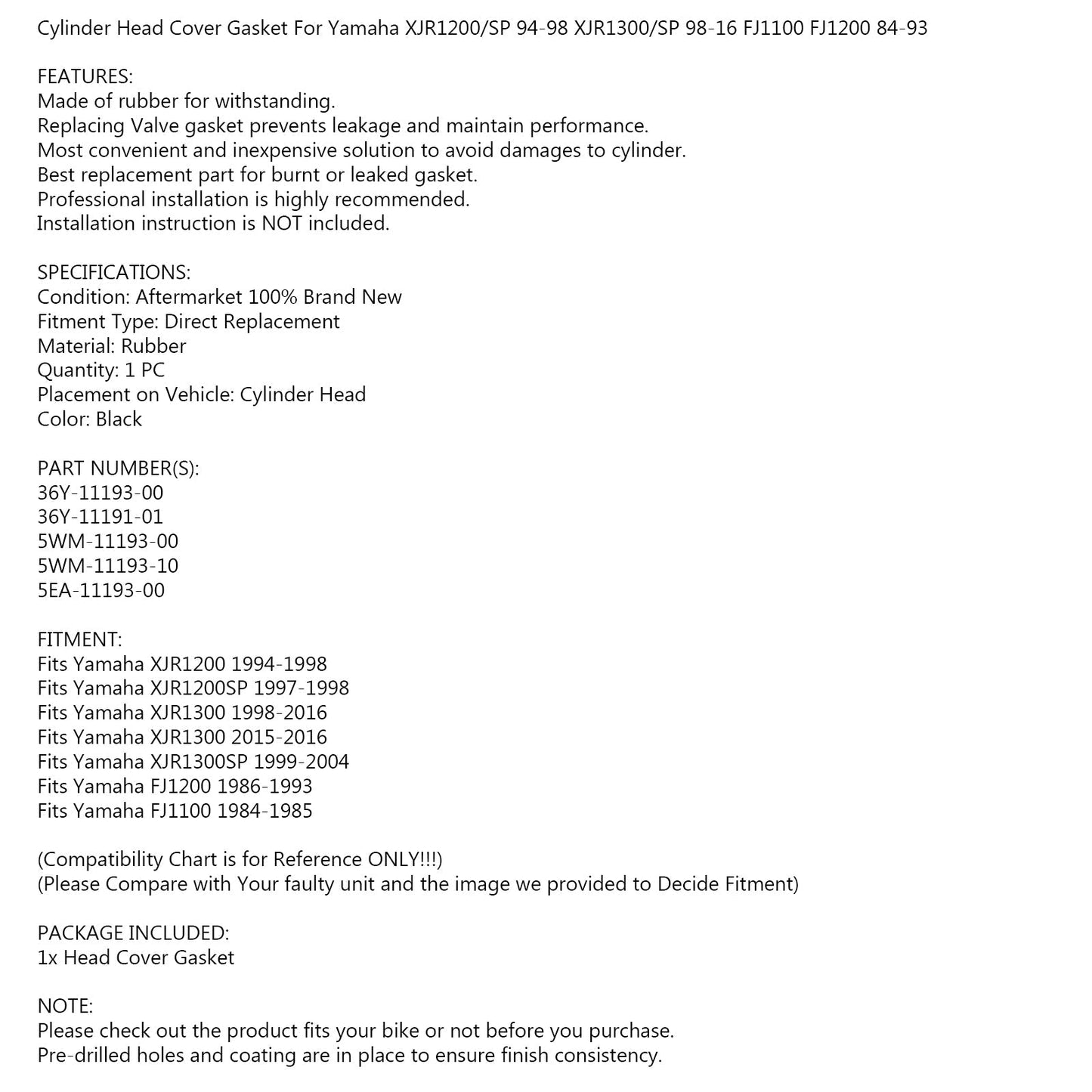 Junta de tapa de culata para Yamaha FJ1100 FJ1200 84-93 XJR1200 XJR1300 97-16