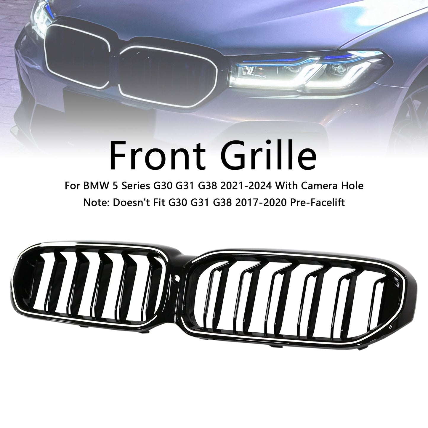 2021-2024 BMW 5 Series G30 G38 Double Slat Kidney Grille Front Bumper Replacement Gloss Black Grill With LED Strip